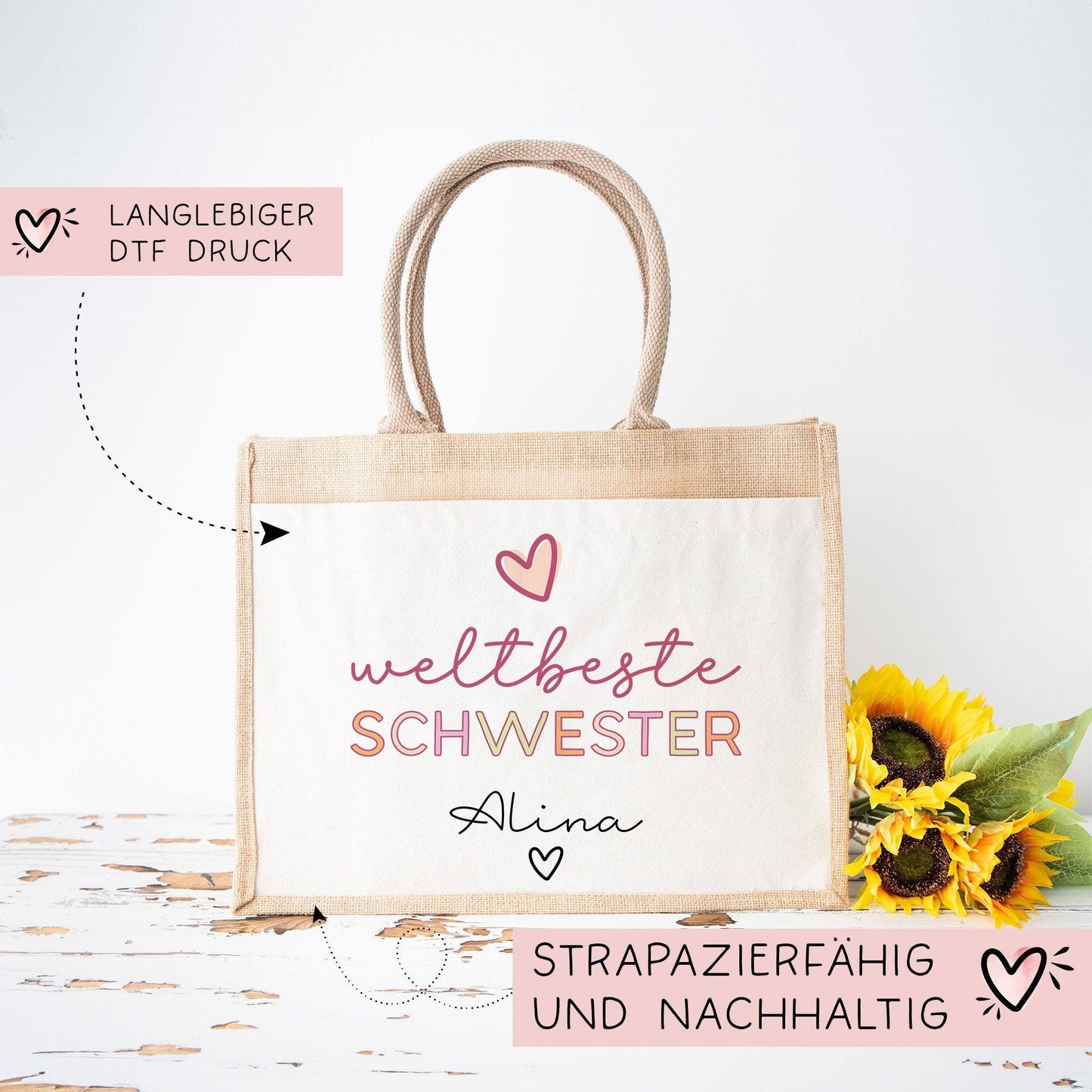 Weltbeste Schwester Tasche Stoffbeutel - mit Wunschname - Einkaufstasche - Tolle Geschenkidee für mit Namen zum Geburtstag Personalisiert kleinebuchstaben