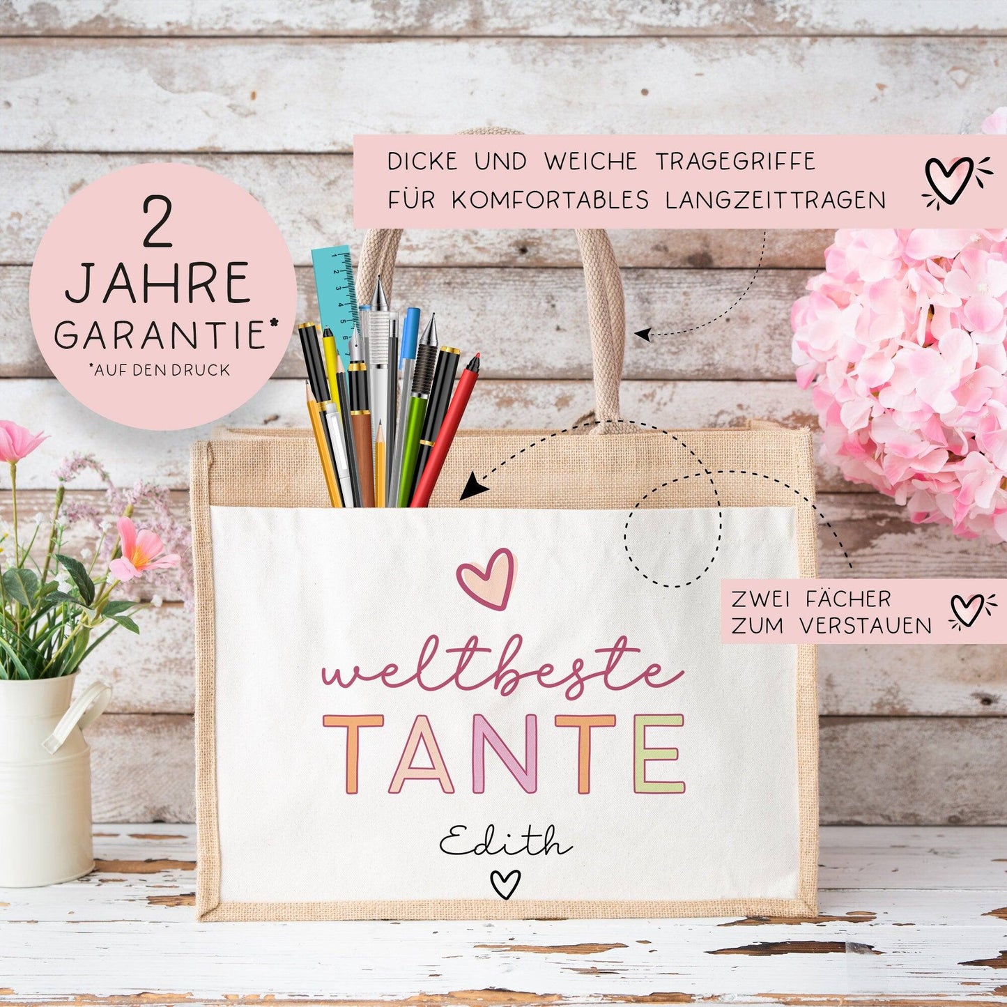 Weltbeste Tante Tasche Stoffbeutel - mit Wunschname - Einkaufstasche - Tolle Geschenkidee für mit Namen zum Geburtstag Personalisiert kleinebuchstaben