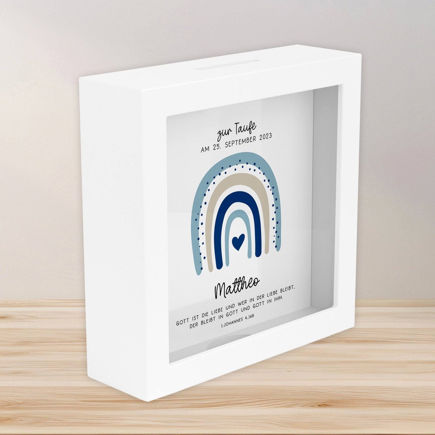 Holz Spardose Taufe personalisiert mit Namen zur Geburt Kommunion Konfirmation eines Kindes mit Taufspruch und als Geldgeschenk–Taufgeschenk kleinebuchstaben Holz Regenbogen - Blau