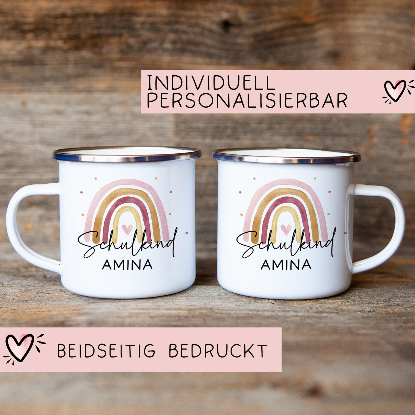 Schulkind Emaille Tasse Emaille Becher mit Namen personalisiert Regenbogen Rosa oder Blau für Jungs und Mädchen. Einschulung Geschenkidee kleinebuchstaben