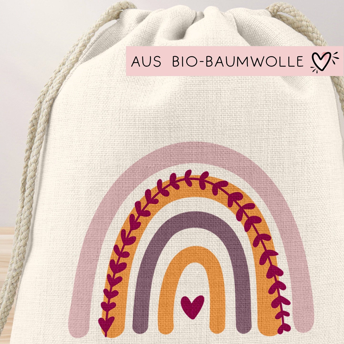 Personalisierter Turnbeutel aus Bio-Baumwolle | Mit Ihrem Wunsch-Namen | Regenbogen-Design. Perfekt als Rucksack für Schule und Kindergarten kleinebuchstaben
