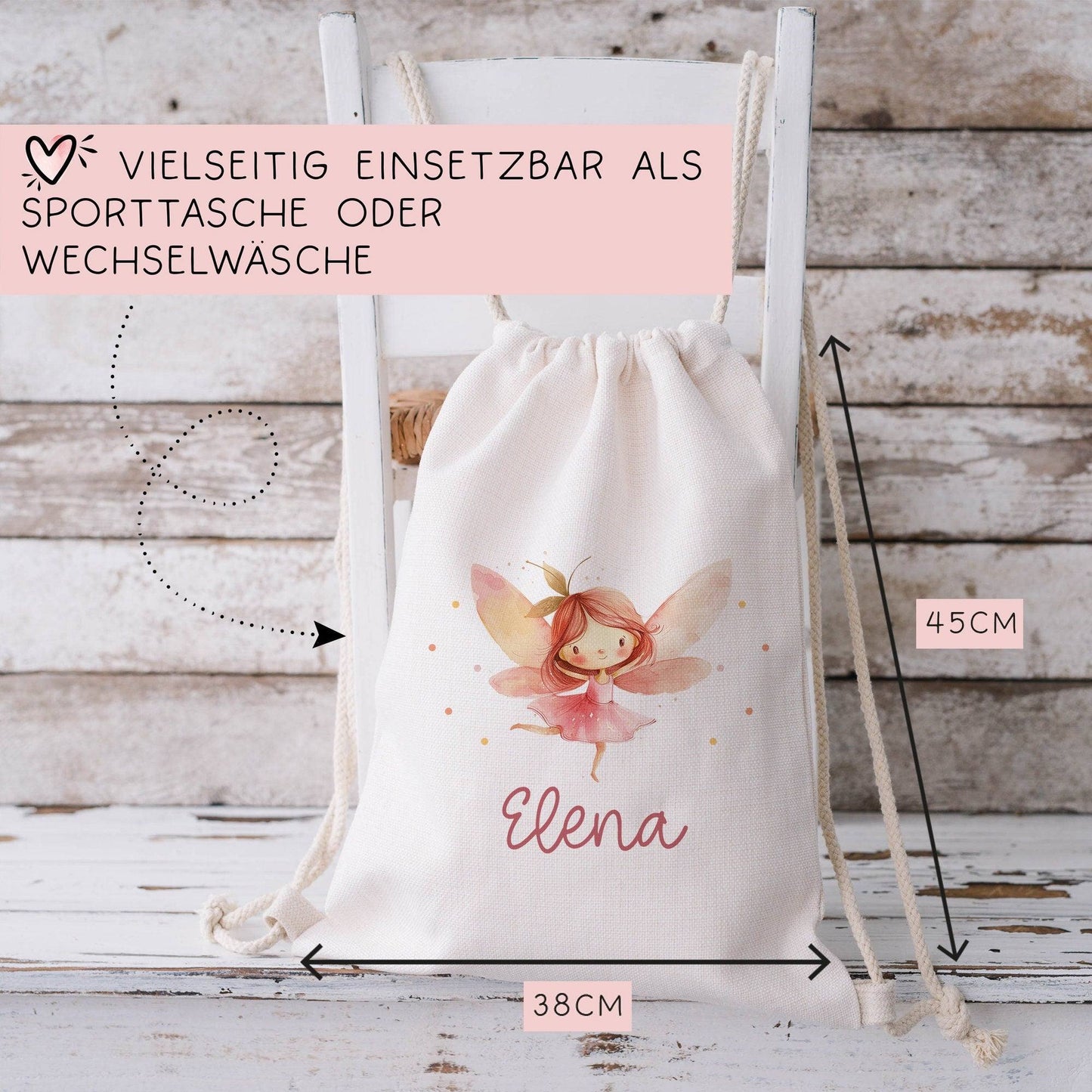 Kinder-Beutel Ballerina Fee mit Namen personalisiert Personalisierter Turnbeutel | Rucksack als Sportbeutel für Schule, Kindergarten, Wäsche kleinebuchstaben