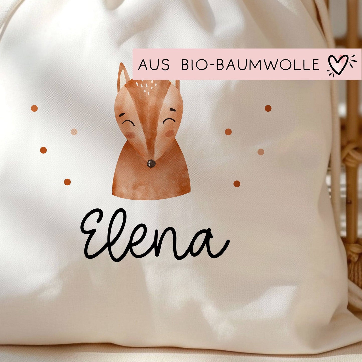 Fuchs Turnbeutel Rucksack mit Namen - GymBag als Wäschebeutel, Sportbeutel Kinderbeutel für Schule, Kindergarten, Kita. Personalisiert kleinebuchstaben
