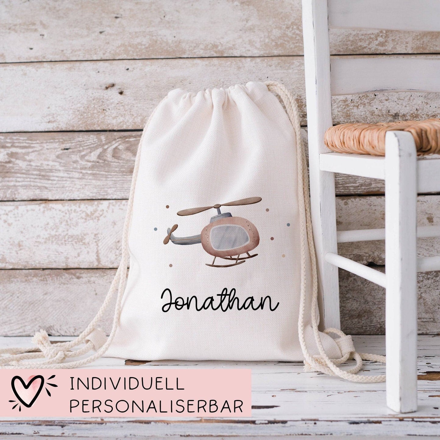 Hubschrauber Turnbeutel Rucksack mit Namen - GymBag als Wäschebeutel, Sportbeutel Kinderbeutel für Schule, Kindergarten, Kita.Personalisiert kleinebuchstaben