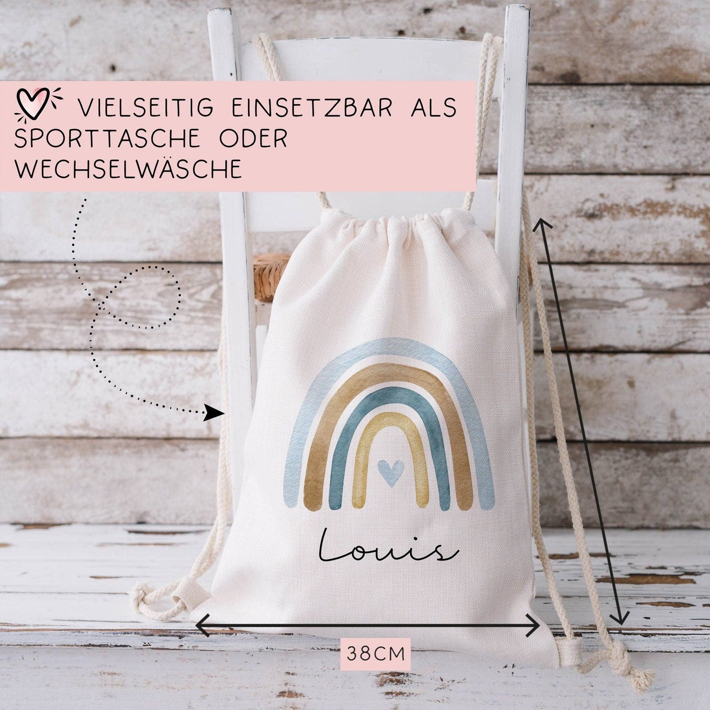 Regenbogen Turnbeutel Rucksack mit Namen - GymBag als Wäschebeutel, Sportbeutel Kinderbeutel für Schule, Kindergarten, Kita. Personalisiert kleinebuchstaben