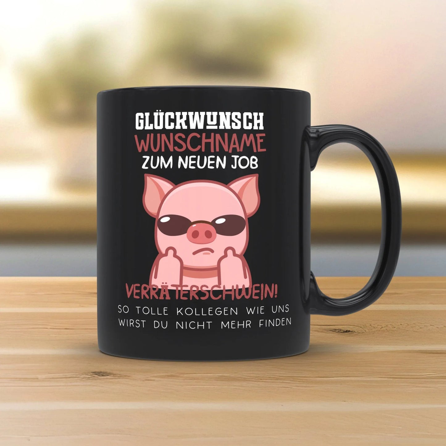 Neuer Job Tasse mit Namen - Abschiedsgeschenk Kollegen - Personalisierte Tasse mit Spruch: Glückwunsch zum neuen Job Kaffeetasse Sparschwein kleinebuchstaben