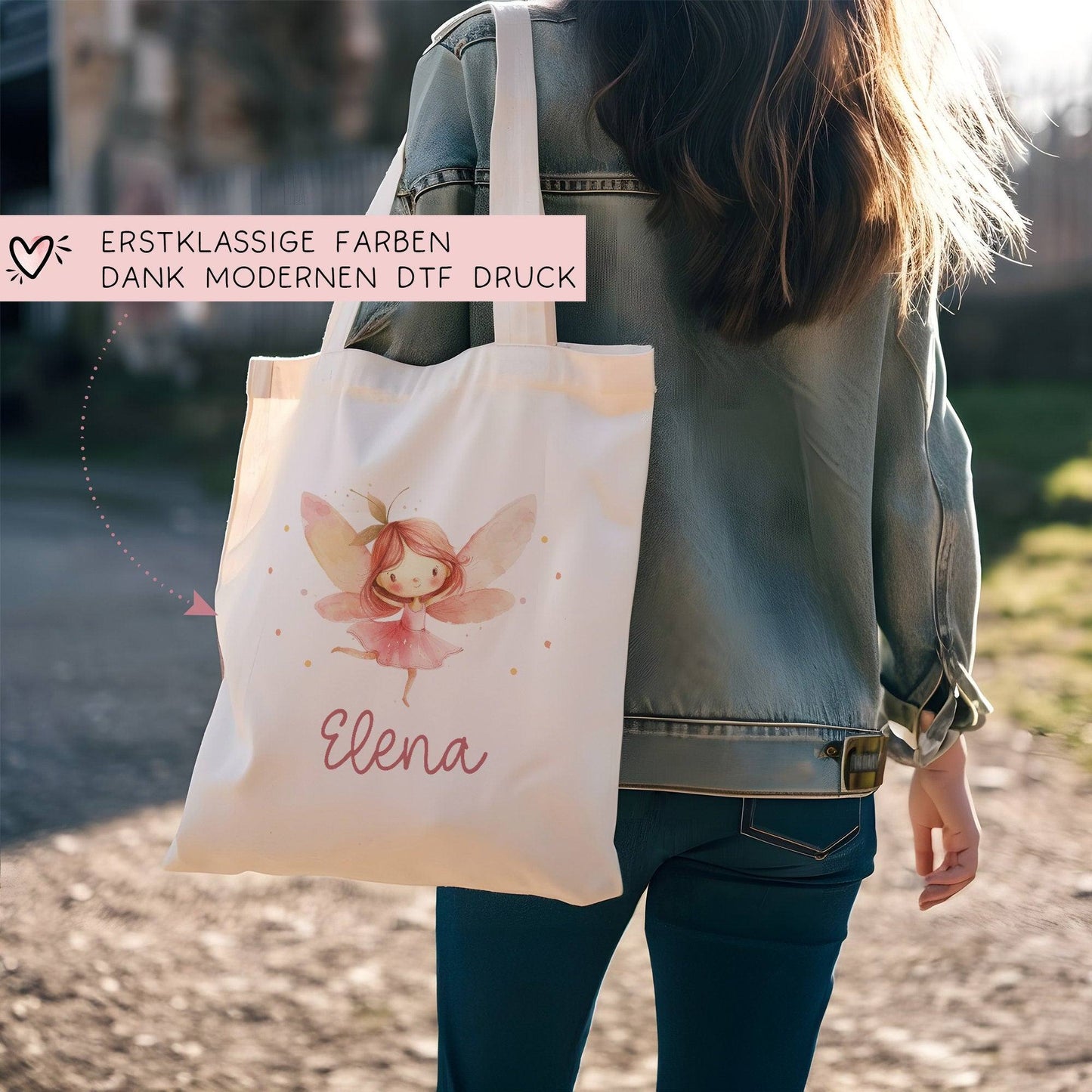 Ballerina Fee Stofftasche Einkaufstasche Kinder-Beutel mit Namen als Sporttasche, Wechselwäsche, Tragetasche -für Kita Schule & Kindergarten kleinebuchstaben