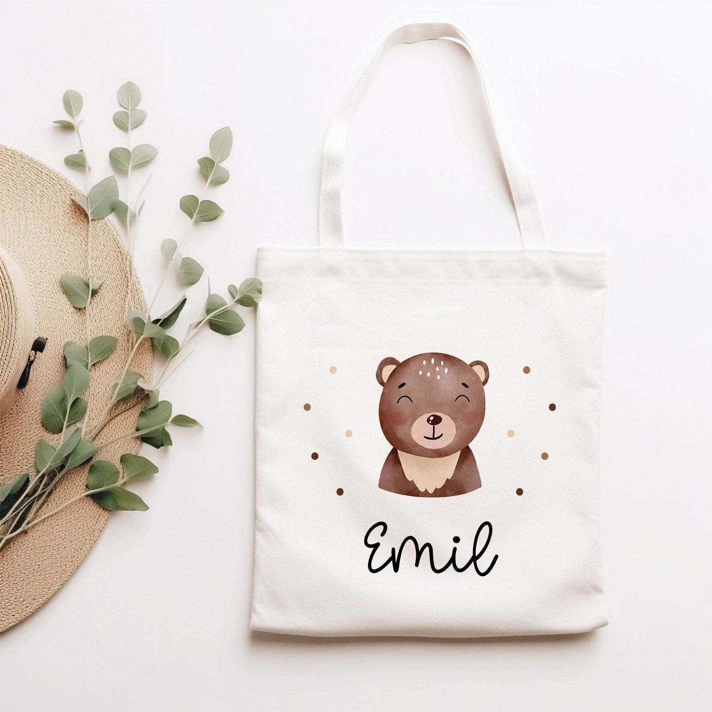 Brauner Bär Stofftasche Einkaufstasche Kinder-Beutel mit Namen als Sporttasche, Wechselwäsche, Tragetasche -für Kita Schule & Kindergarten kleinebuchstaben