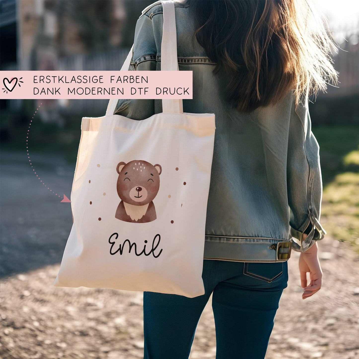 Brauner Bär Stofftasche Einkaufstasche Kinder-Beutel mit Namen als Sporttasche, Wechselwäsche, Tragetasche -für Kita Schule & Kindergarten kleinebuchstaben