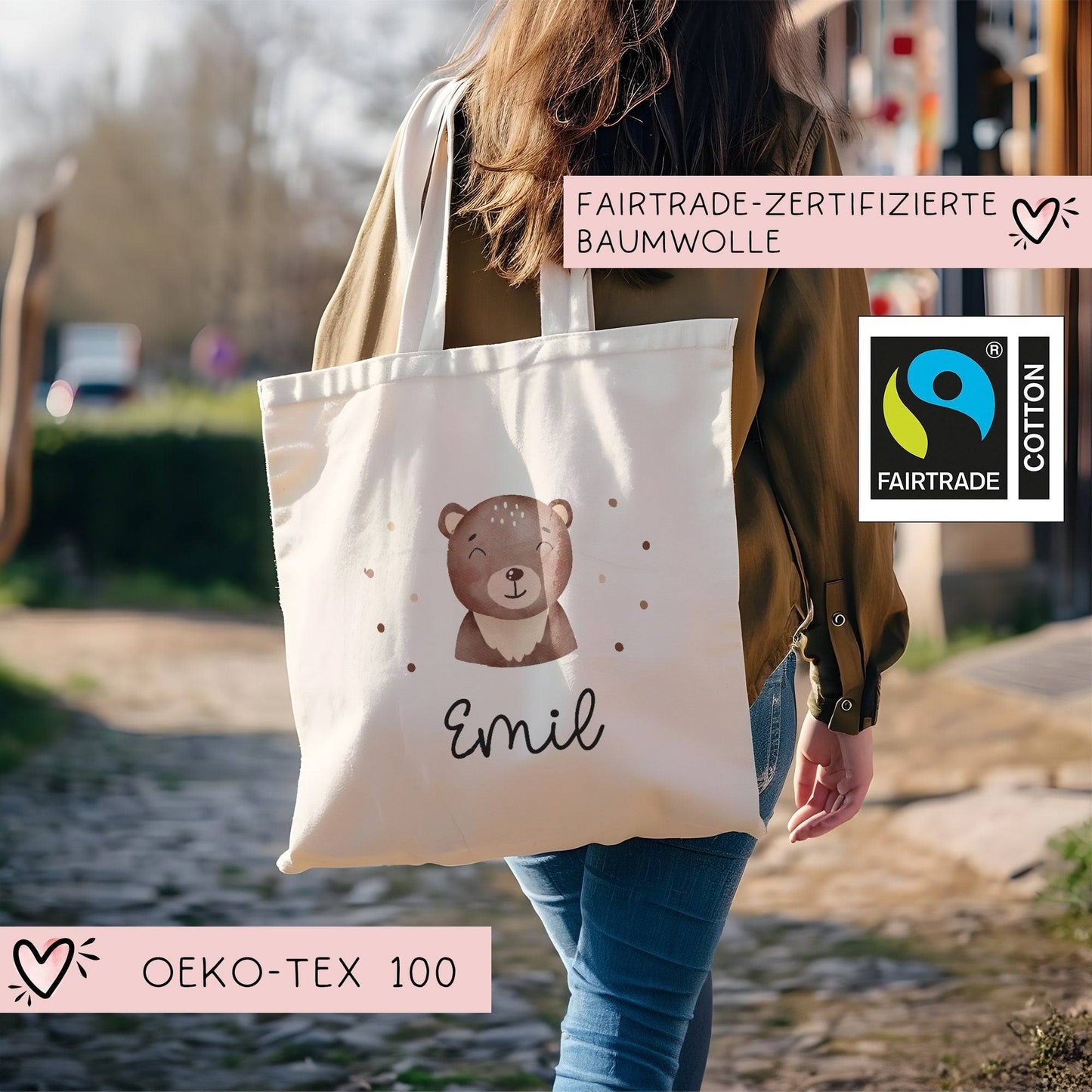 Brauner Bär Stofftasche Einkaufstasche Kinder-Beutel mit Namen als Sporttasche, Wechselwäsche, Tragetasche -für Kita Schule & Kindergarten kleinebuchstaben