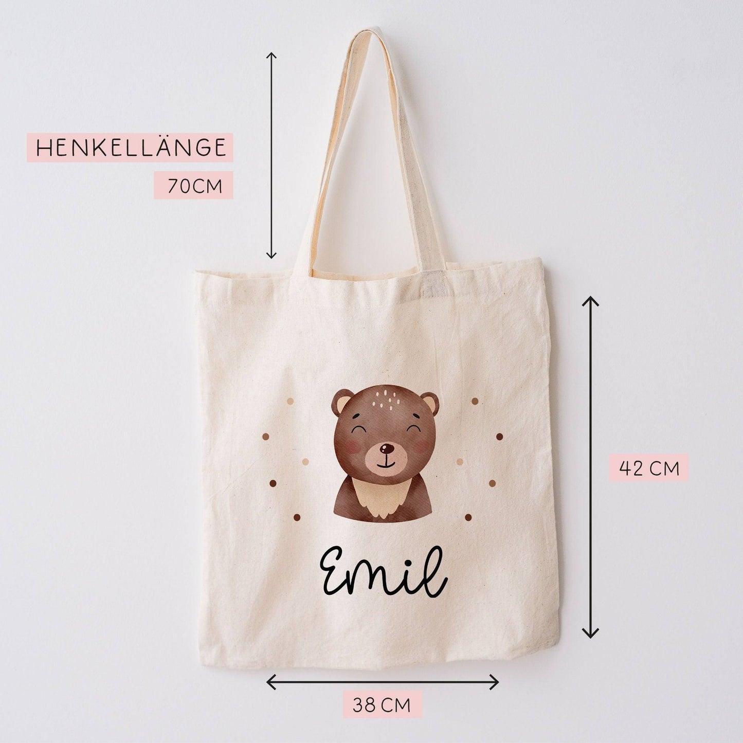 Brauner Bär Stofftasche Einkaufstasche Kinder-Beutel mit Namen als Sporttasche, Wechselwäsche, Tragetasche -für Kita Schule & Kindergarten kleinebuchstaben