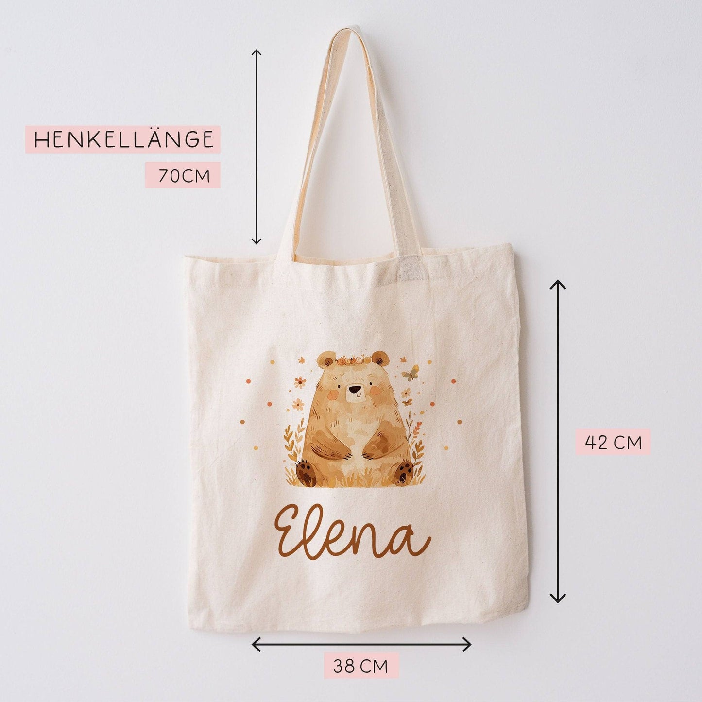 Sitzender Bär Stofftasche Tasche Kinder-Beutel mit Namen als Sporttasche, Wechselwäsche, Tragetasche -für Kita Schule & Kindergarten kleinebuchstaben