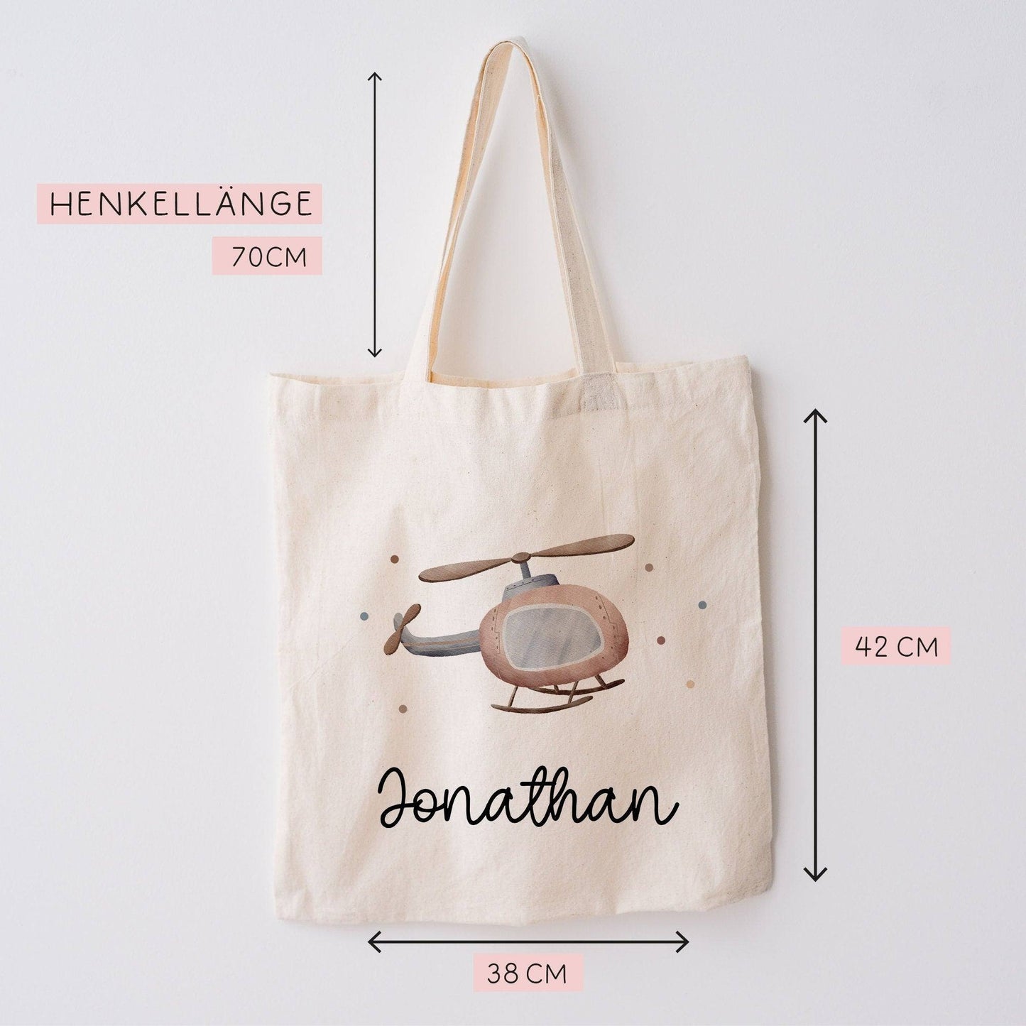 Hubschrauber Stofftasche Tasche Kinder-Beutel mit Namen Wunschname als Sporttasche, Wechselwäsche, Tragetasche - Kita, Schule & Kindergarten kleinebuchstaben