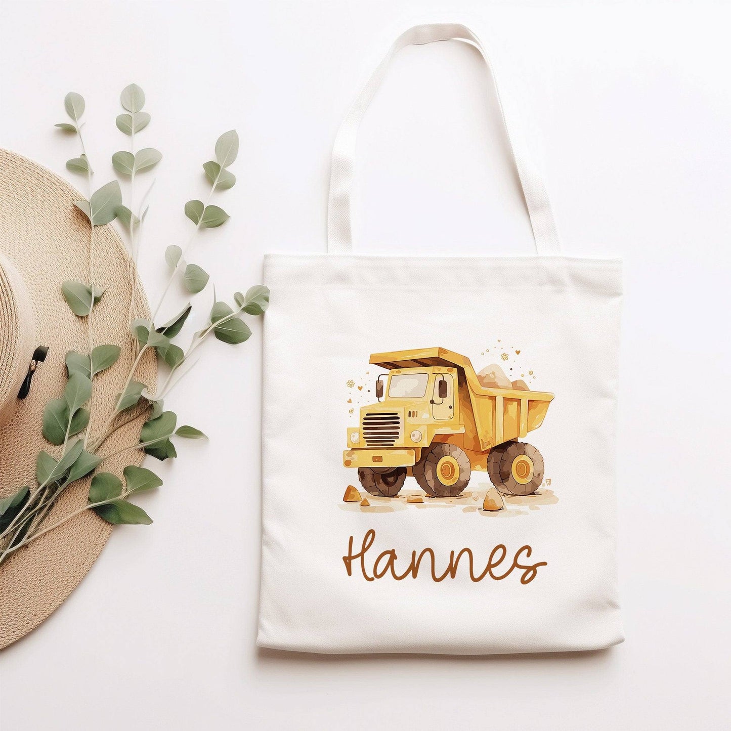 LKW Kipper Stofftasche Tasche Kinder-Beutel mit Namen Wunschname als Sporttasche, Wechselwäsche, Tragetasche - Kita, Schule & Kindergarten kleinebuchstaben