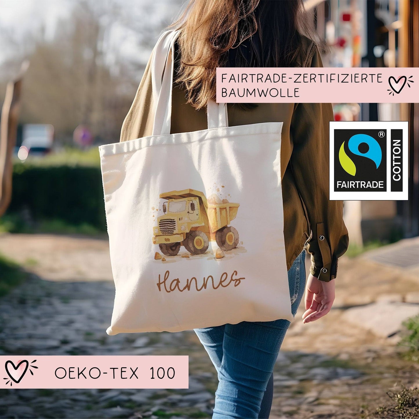 LKW Kipper Stofftasche Tasche Kinder-Beutel mit Namen Wunschname als Sporttasche, Wechselwäsche, Tragetasche - Kita, Schule & Kindergarten kleinebuchstaben