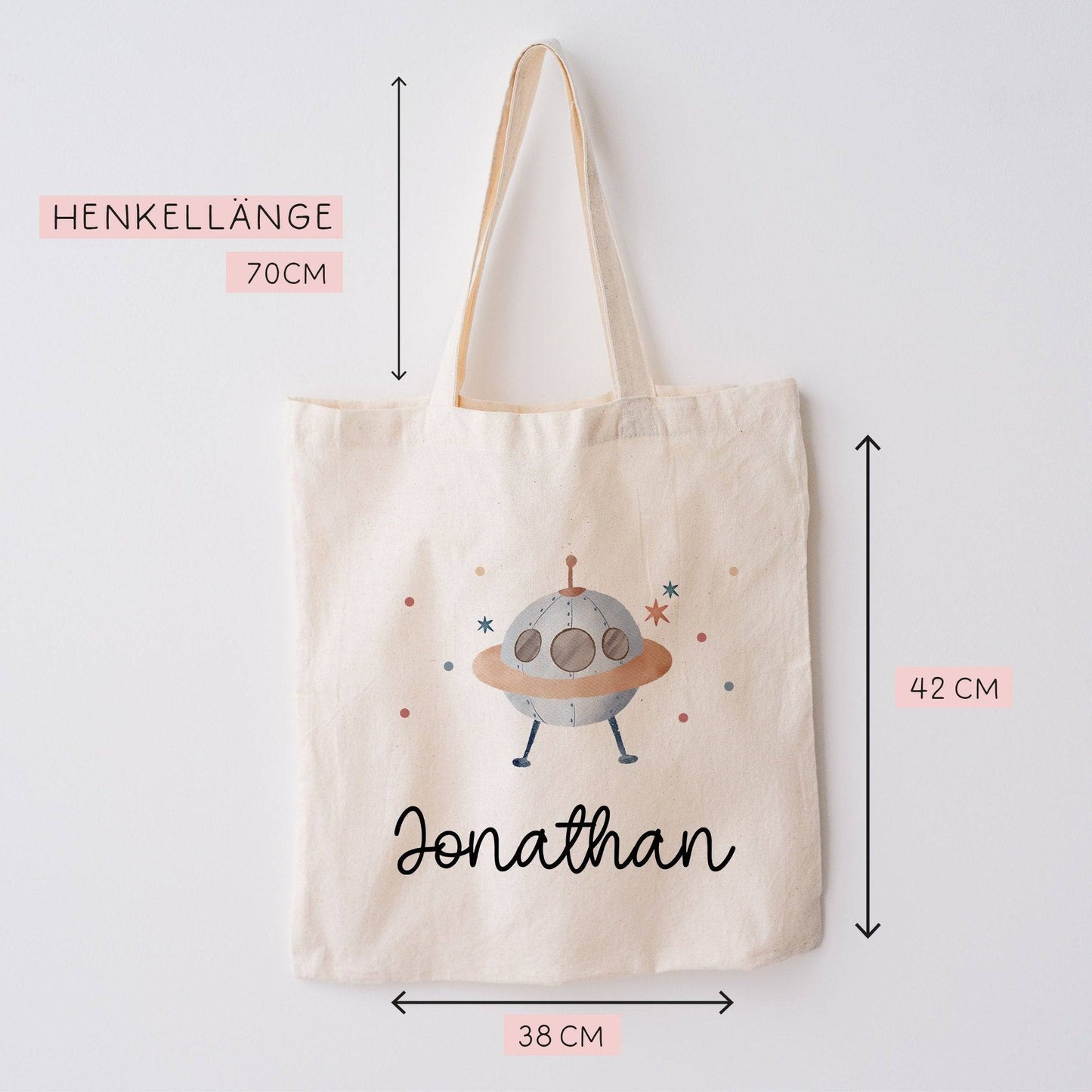 Ufo Weltraum Stofftasche Tasche Kinder-Beutel mit Namen Wunschname als Sporttasche, Wechselwäsche, Tragetasche - Kita, Schule & Kindergarten kleinebuchstaben
