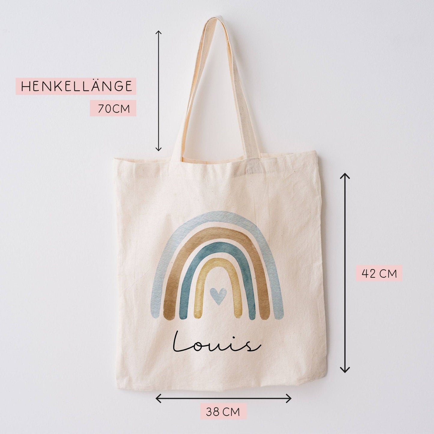 Regenbogen Stofftasche Tasche Kinder-Beutel mit Namen als Sporttasche, Wechselwäsche, Tragetasche - Kita, Schule & Kindergarten - Motiv 08 kleinebuchstaben