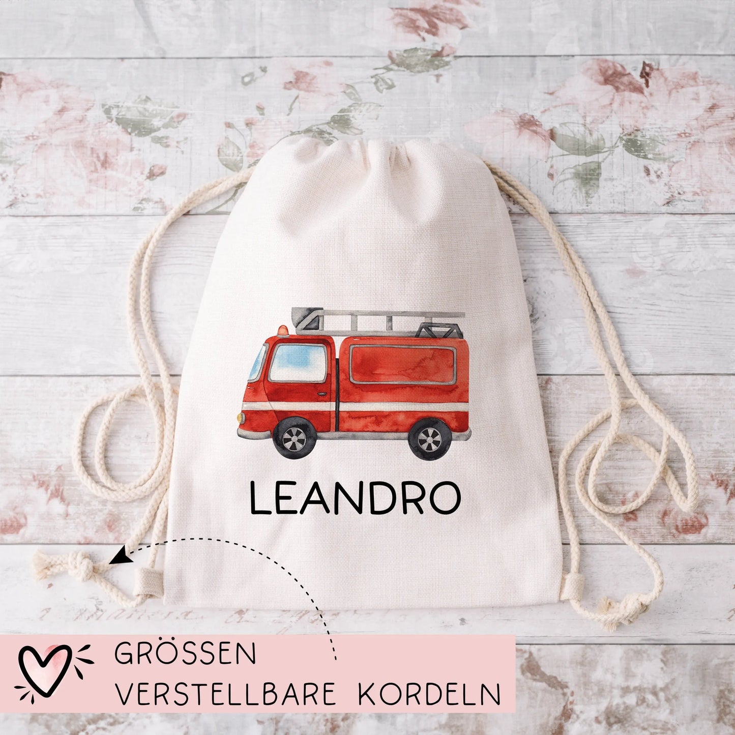 Feuerwehr Feuerwehrauto Turnbeutel mit Wunschnamen - Feuerwehrwagen Personalisiert Wäschebeutel Wechselwäsche Mädchen & Junge Weihnachten kleinebuchstaben