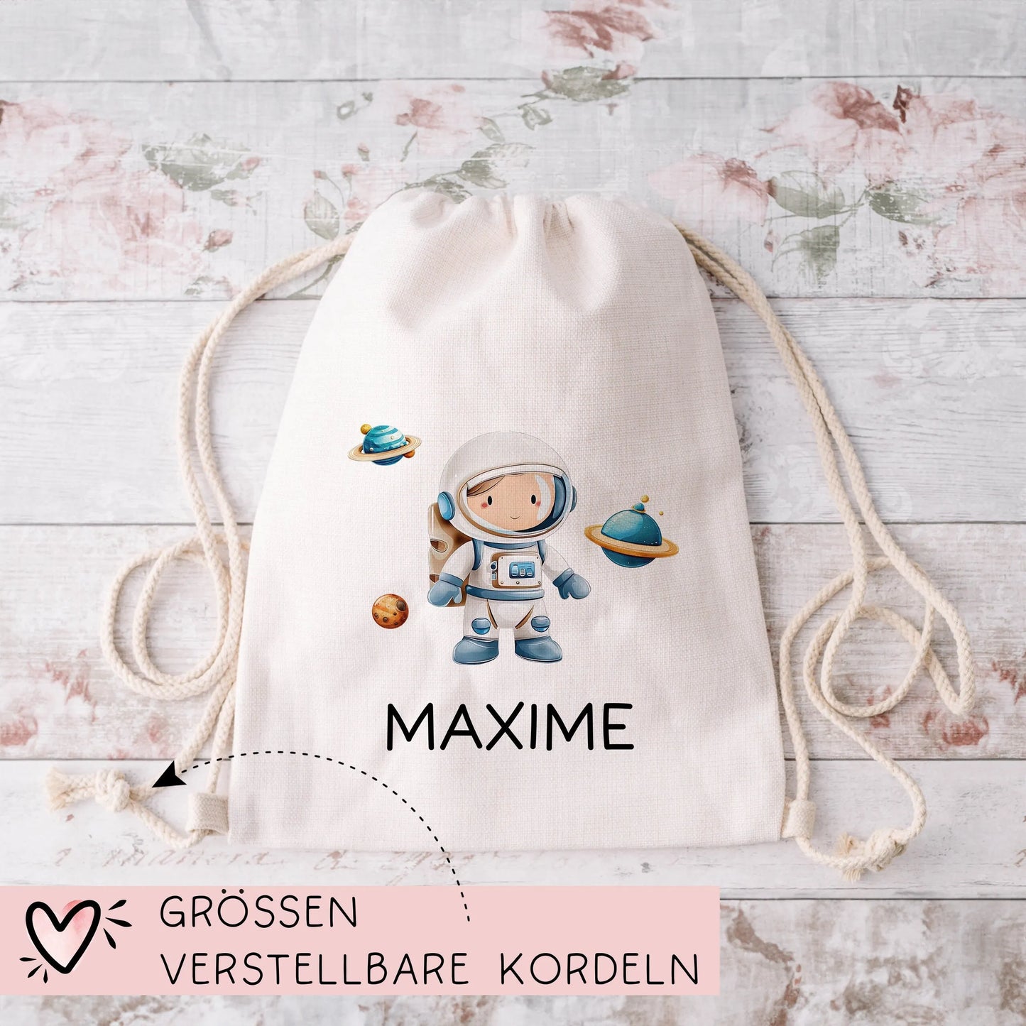 Astronaut Stofftasche Einkaufstasche Kinder-Beutel mit Namen als Sporttasche, Tragetasche Wechselwäsche für Kita Schule & Kindergarten kleinebuchstaben