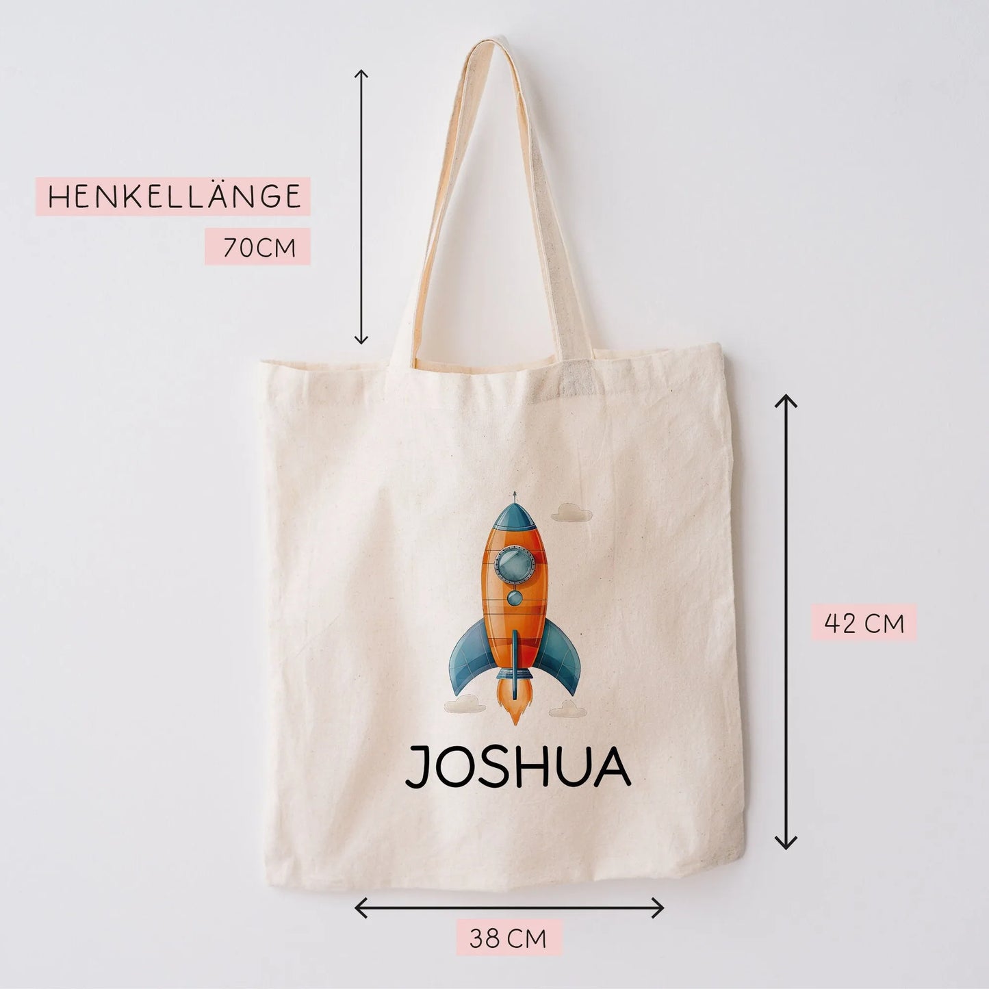 Rakete Stofftasche Personalisiert - Einkaufstasche Kinder-Beutel mit Namen als Sporttasche, Tragetasche Wechselwäsche für Kita Schule- 03 kleinebuchstaben