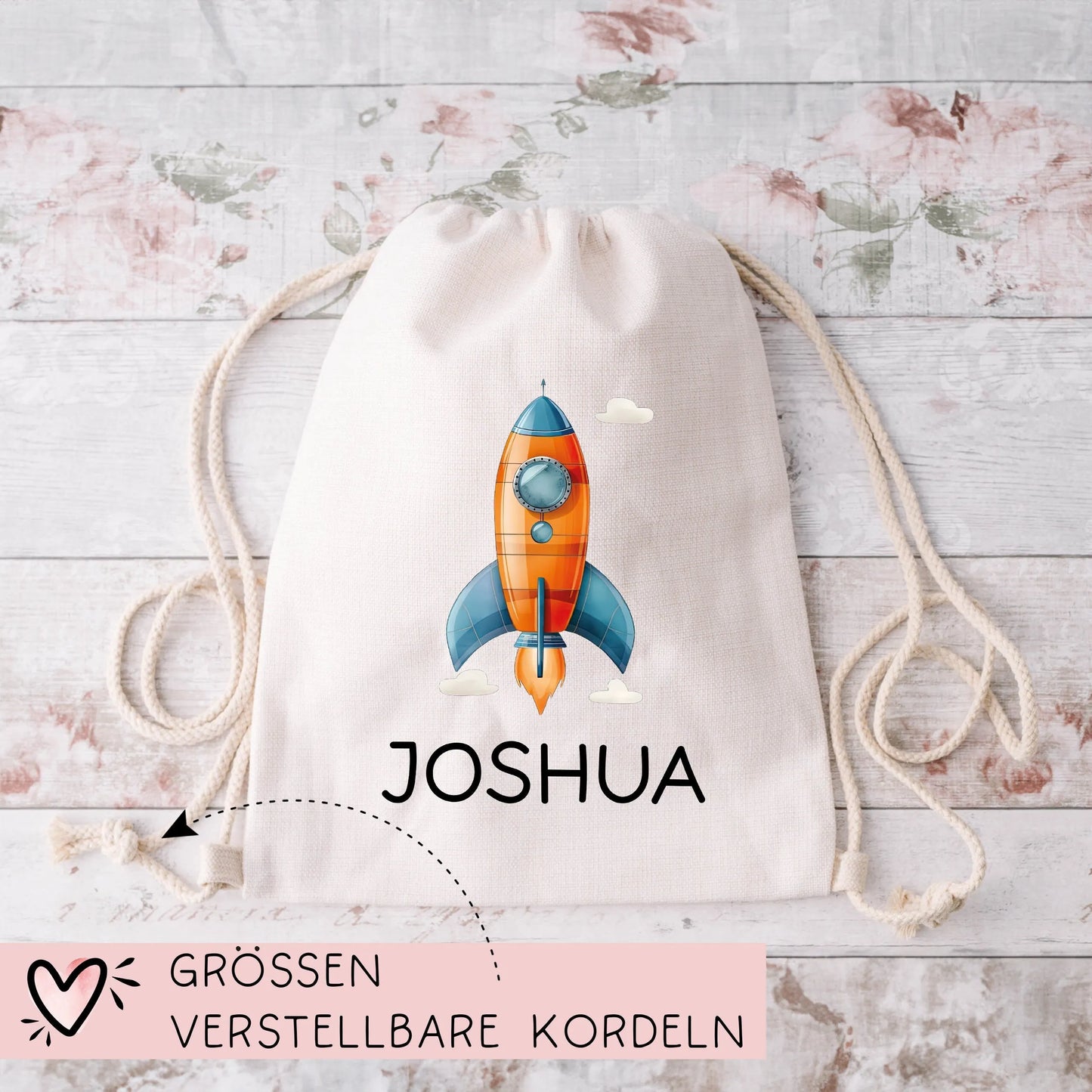 Rakete Stofftasche Personalisiert - Einkaufstasche Kinder-Beutel mit Namen als Sporttasche, Tragetasche Wechselwäsche für Kita Schule- 03 kleinebuchstaben