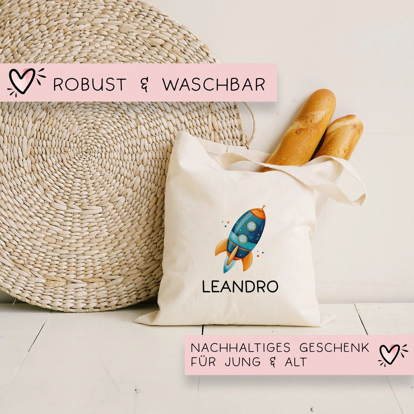 Rakete Personalisiert Stofftasche - Einkaufstasche Kinder-Beutel mit Namen als Sporttasche, Tragetasche Wechselwäsche für Kita Schule - 04 kleinebuchstaben