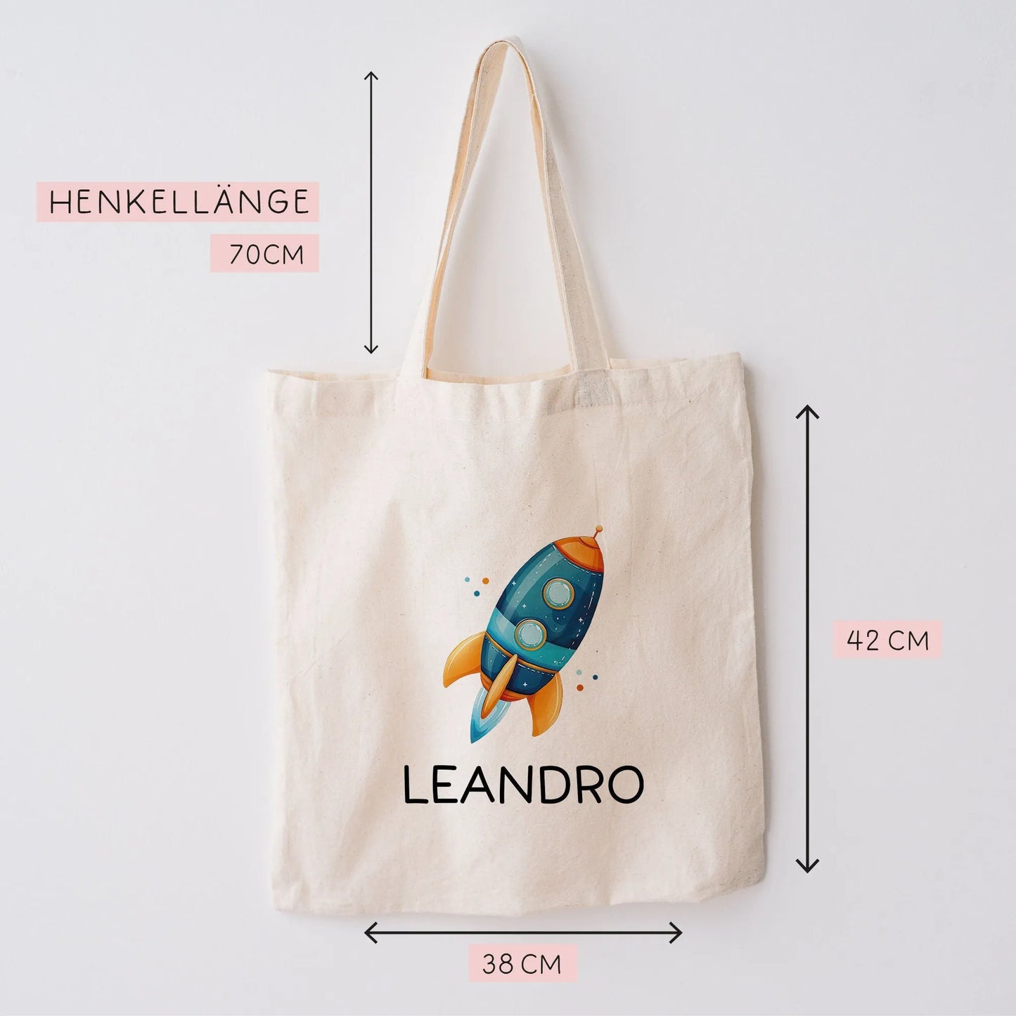 Rakete Personalisiert Stofftasche - Einkaufstasche Kinder-Beutel mit Namen als Sporttasche, Tragetasche Wechselwäsche für Kita Schule - 04 kleinebuchstaben