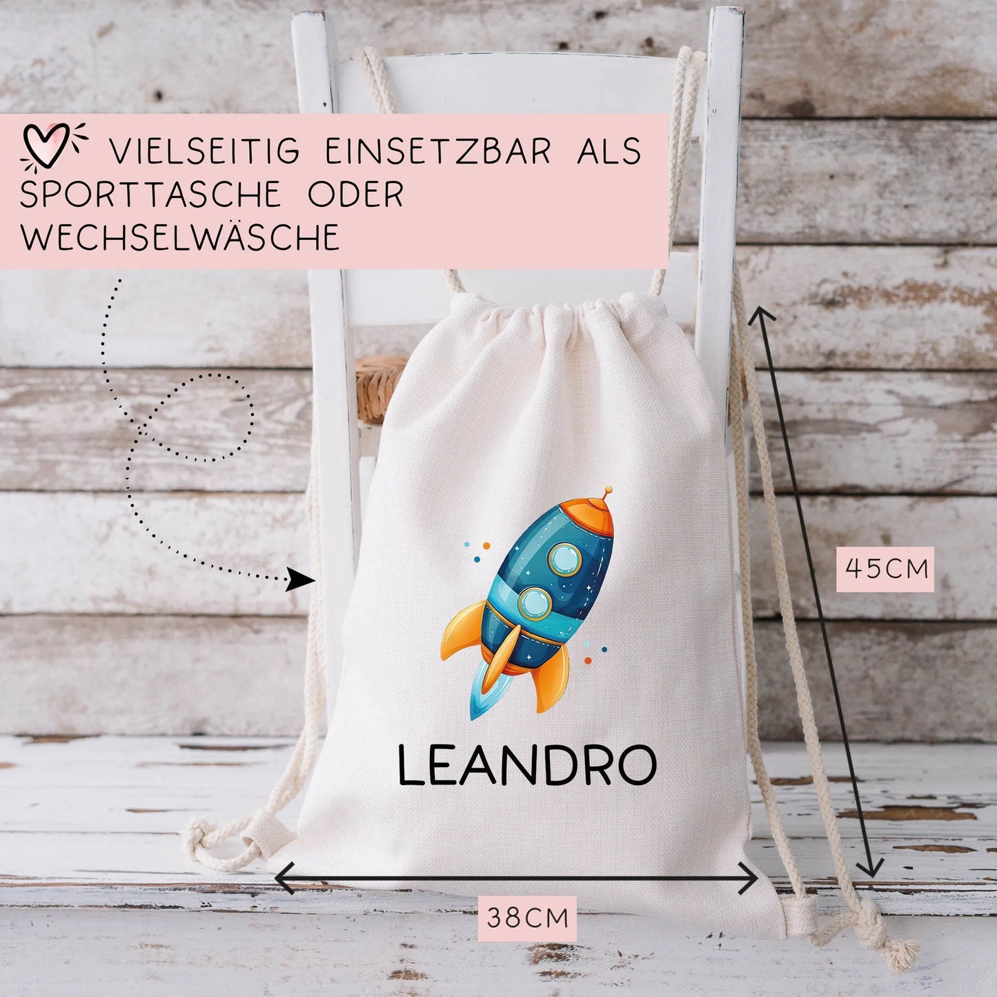 Rakete Personalisiert Stofftasche - Einkaufstasche Kinder-Beutel mit Namen als Sporttasche, Tragetasche Wechselwäsche für Kita Schule - 04 kleinebuchstaben