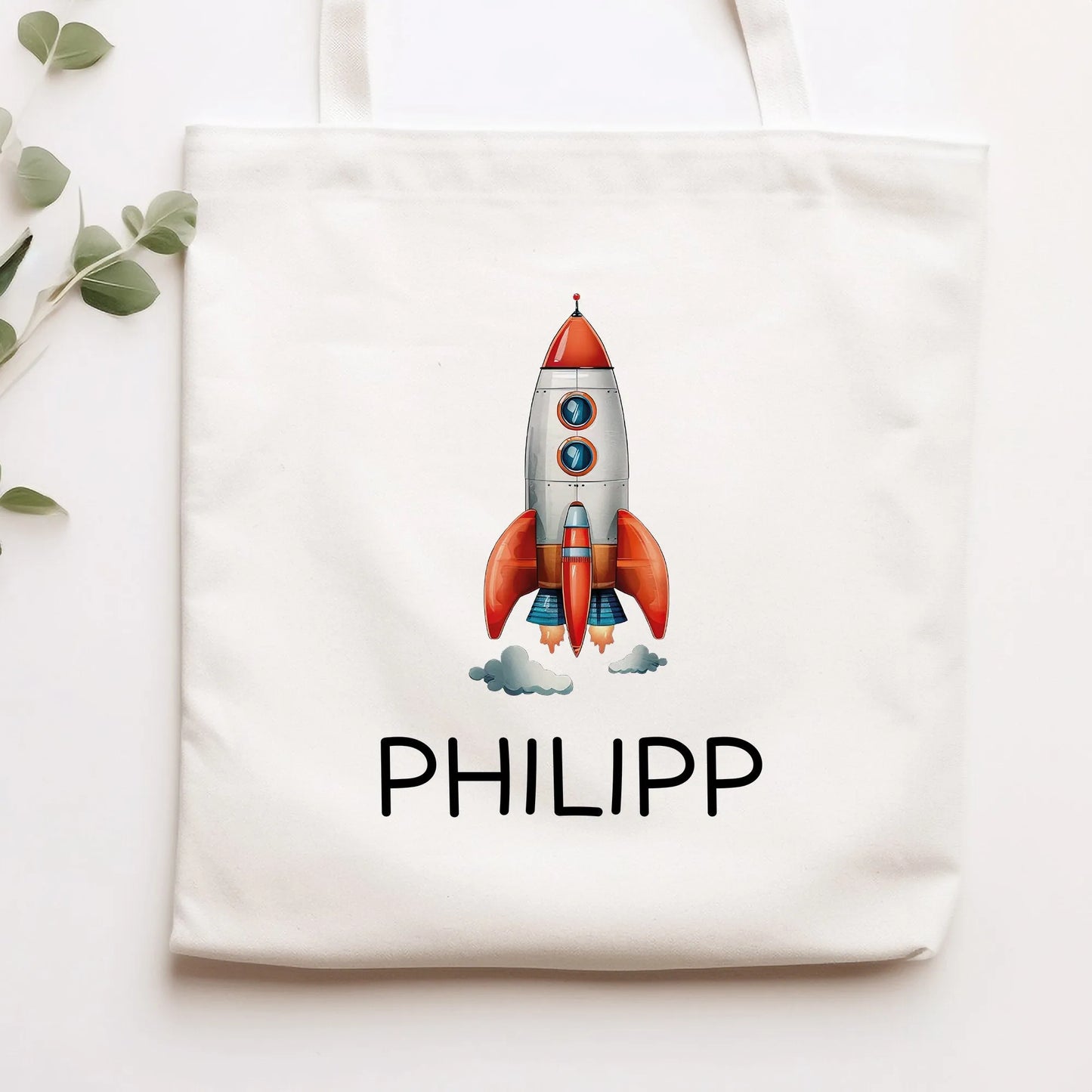 Stofftasche Rakete Personalisiert - Einkaufstasche Kinder-Beutel mit Namen als Sporttasche, Tragetasche Wechselwäsche für Kita Schule - 05 kleinebuchstaben Rakete 05 Stofftasche