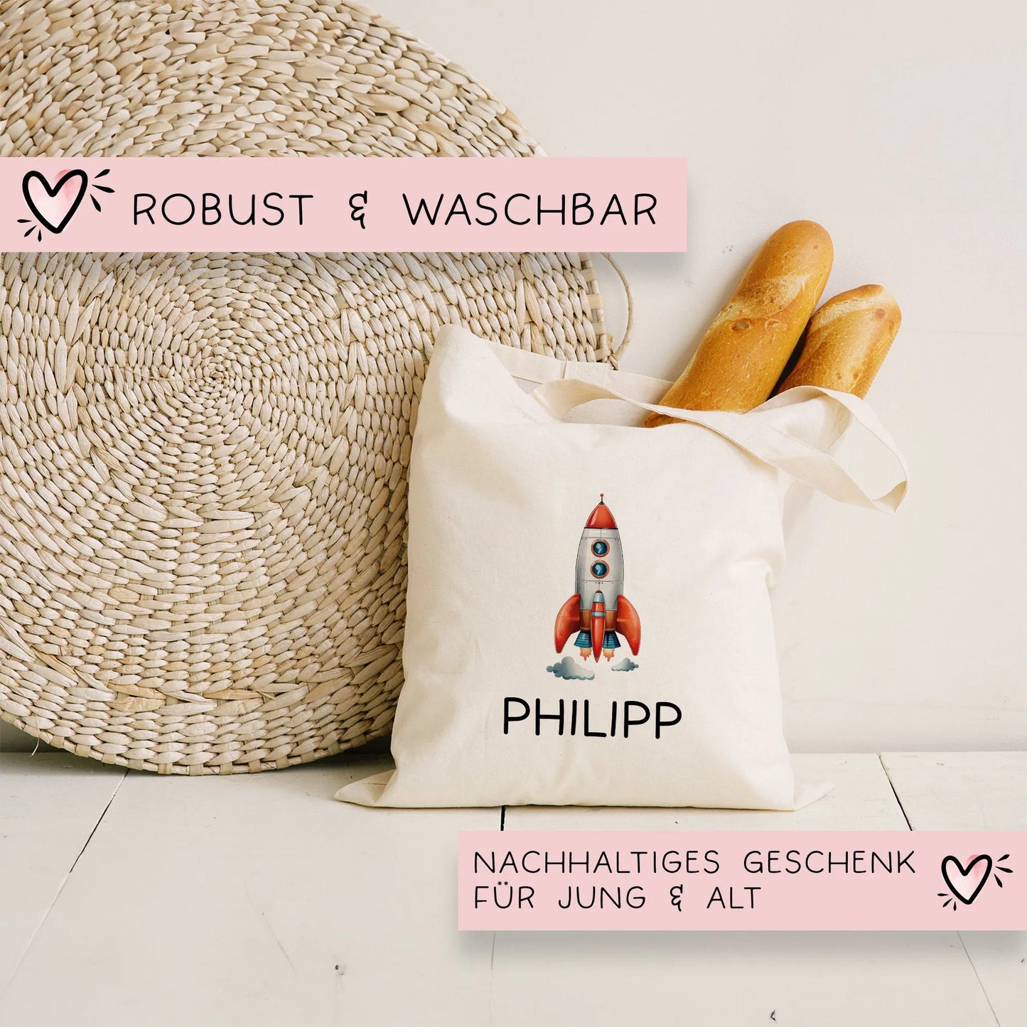Stofftasche Rakete Personalisiert - Kinder-Beutel Einkaufstasche mit Namen als Sporttasche, Tragetasche Wechselwäsche für Kita Schule - 06 kleinebuchstaben