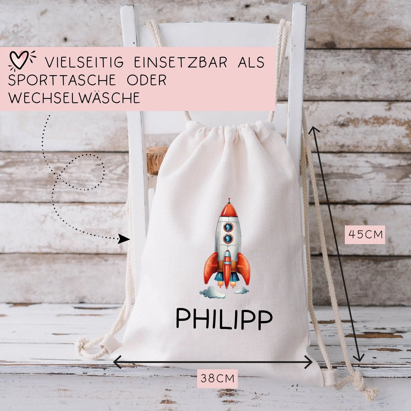 Stofftasche Rakete Personalisiert - Einkaufstasche Kinder-Beutel mit Namen als Sporttasche, Tragetasche Wechselwäsche für Kita Schule - 05 kleinebuchstaben