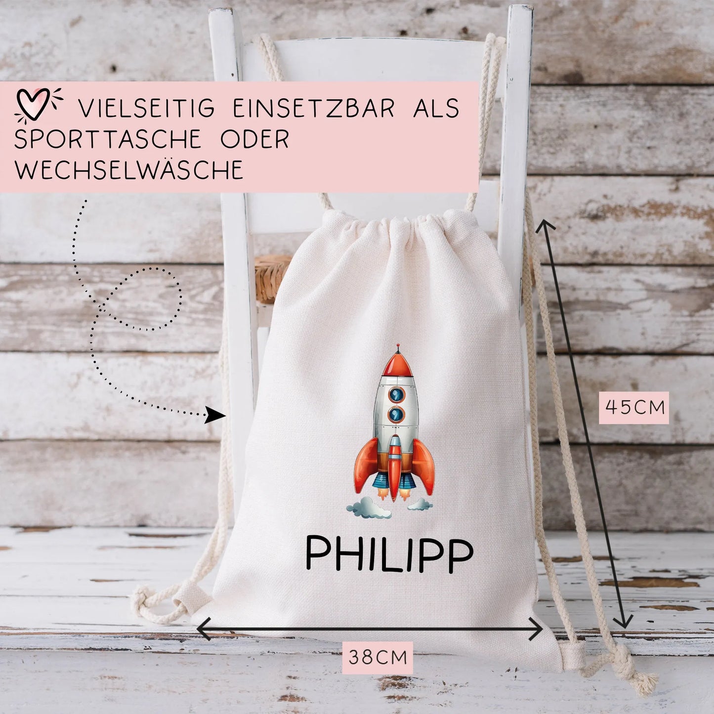 Stofftasche Rakete Personalisiert - Kinder-Beutel Einkaufstasche mit Namen als Sporttasche, Tragetasche Wechselwäsche für Kita Schule - 06 kleinebuchstaben