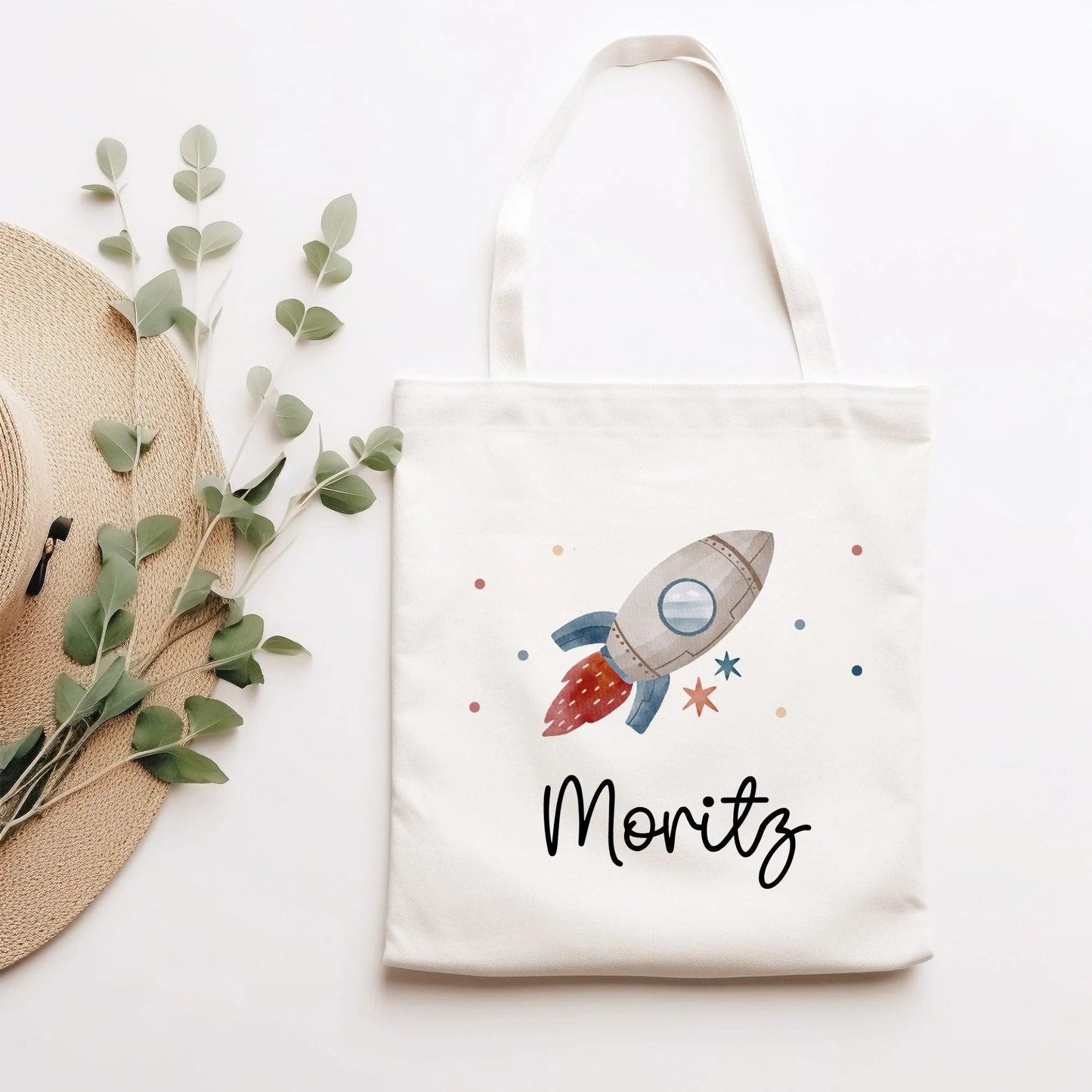 Stofftasche Rakete mit Namen Weltraum Astronaut Personalisiert - Kinder-Beutel Namen als Sporttasche, Tragetasche Wechselwäsche Schule kleinebuchstaben Rakete Stofftasche