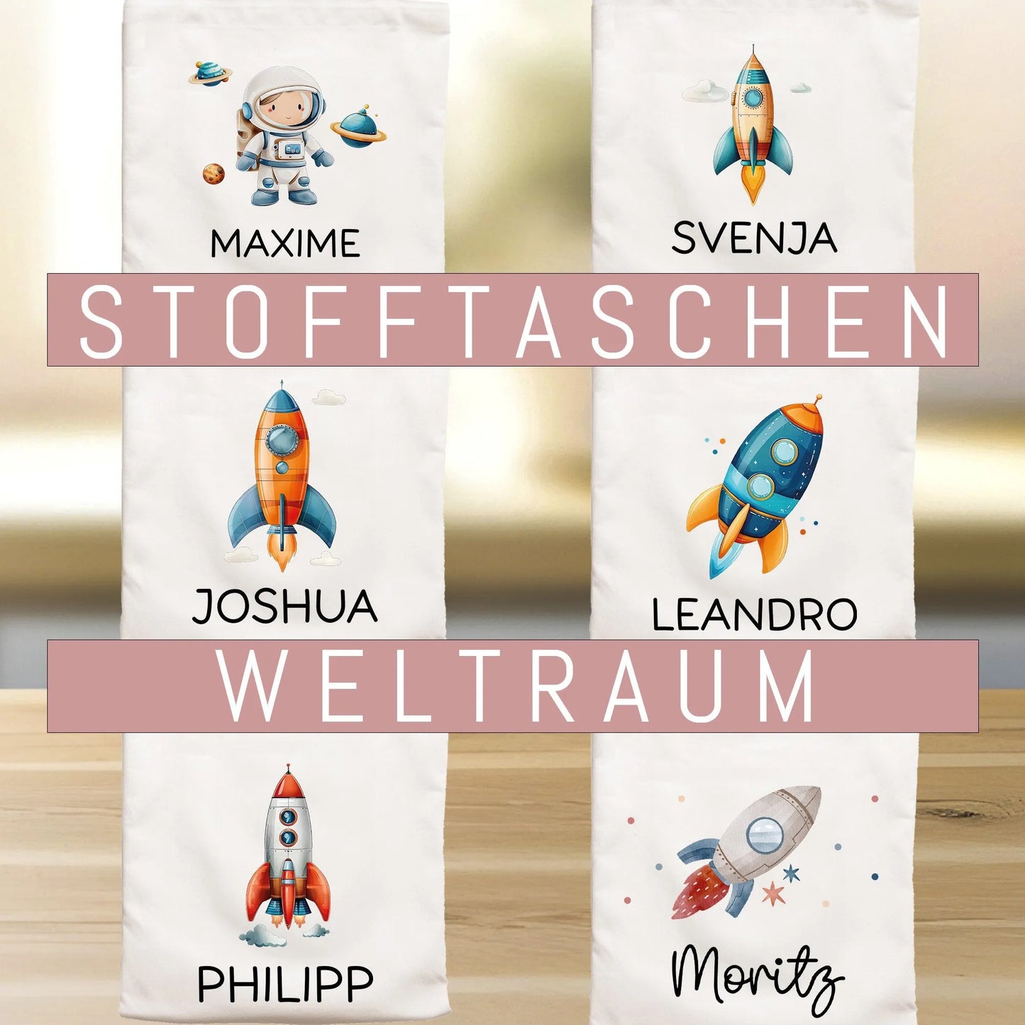 Stofftasche Rakete mit Namen Weltraum Astronaut Personalisiert - Kinder-Beutel Namen als Sporttasche, Tragetasche Wechselwäsche Schule kleinebuchstaben