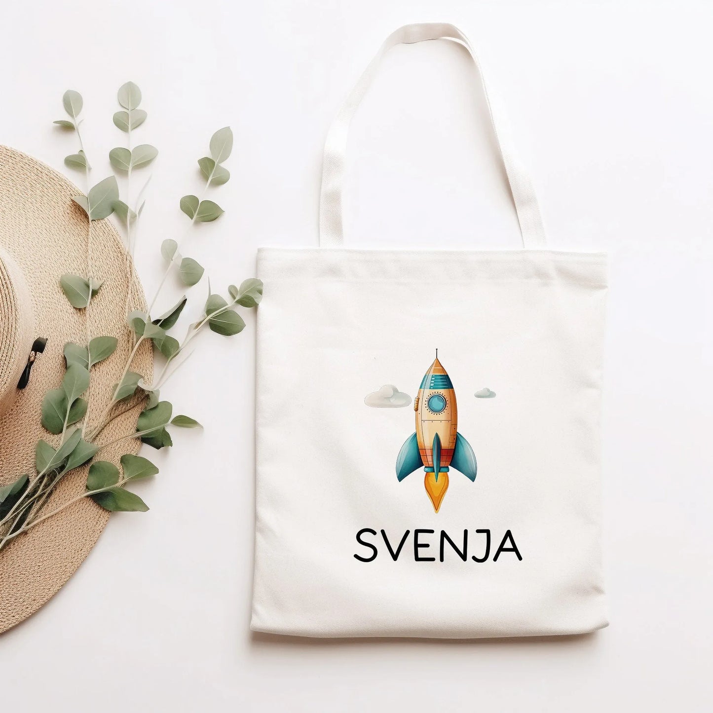 Stofftasche Rakete mit Namen Weltraum Astronaut Personalisiert - Kinder-Beutel Namen als Sporttasche, Tragetasche Wechselwäsche Schule kleinebuchstaben Rakete 06 Stofftasche