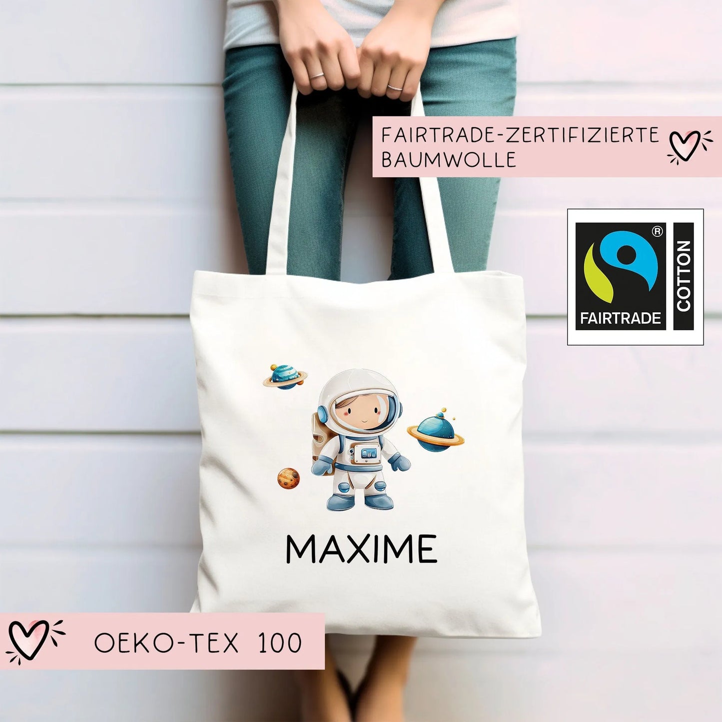 Stofftasche Rakete mit Namen Weltraum Astronaut Personalisiert - Kinder-Beutel Namen als Sporttasche, Tragetasche Wechselwäsche Schule kleinebuchstaben