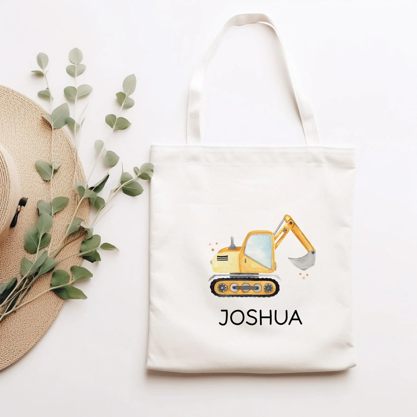 Stofftasche Bagger Baustelle Personalisiert mit Namen. Für Schule und Kindergarten als Wäschebeutel Wechselwäsche für Mädchen & Junge kleinebuchstaben Bagger Stofftasche