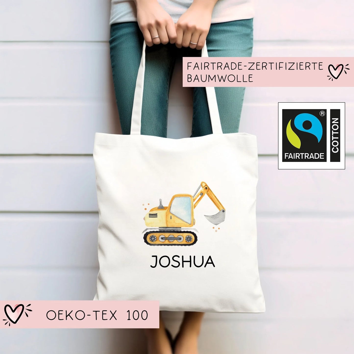Stofftasche Bagger Baustelle Personalisiert mit Namen. Für Schule und Kindergarten als Wäschebeutel Wechselwäsche für Mädchen & Junge kleinebuchstaben