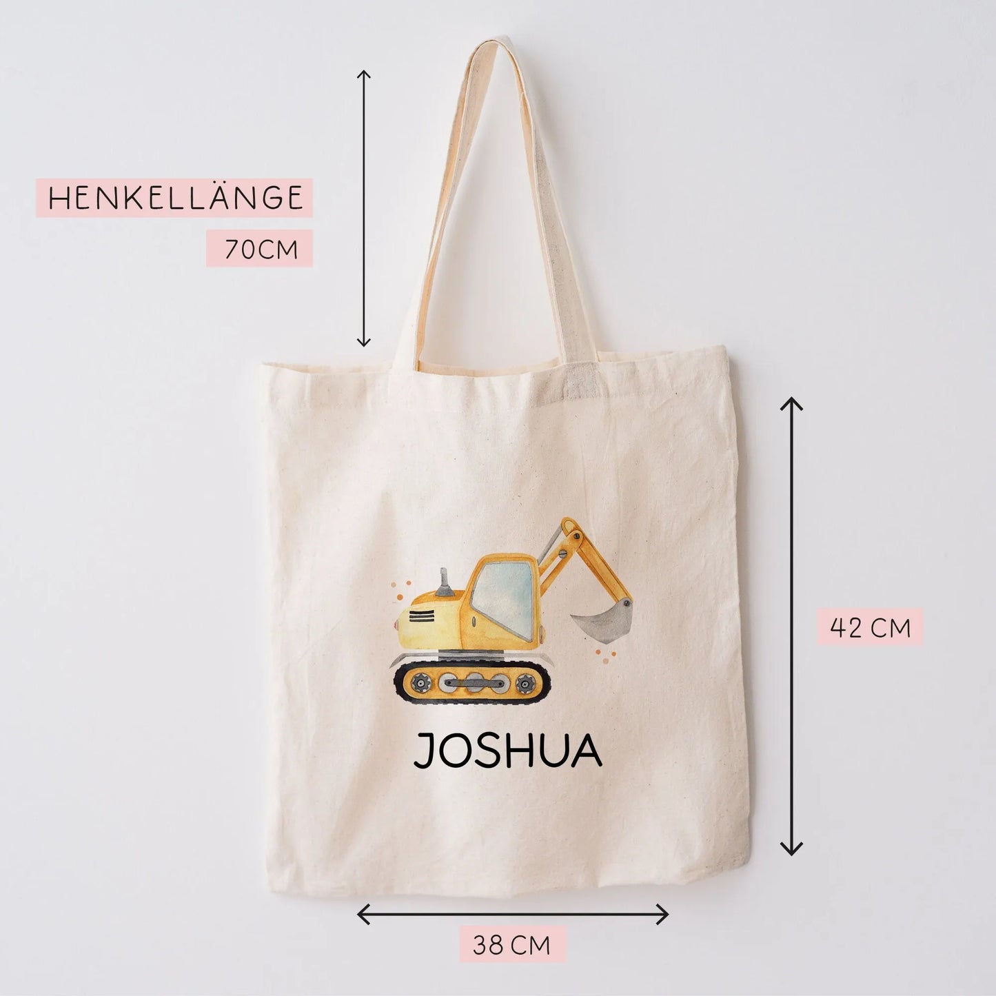 Stofftasche Bagger Baustelle Personalisiert mit Namen. Für Schule und Kindergarten als Wäschebeutel Wechselwäsche für Mädchen & Junge kleinebuchstaben