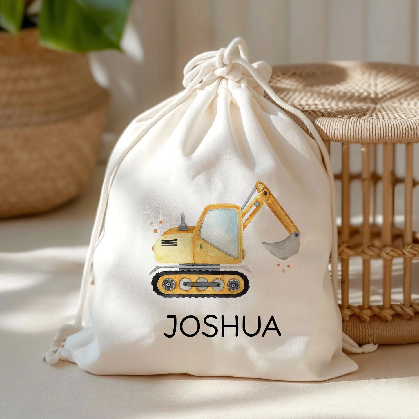 Stofftasche Bagger Baustelle Personalisiert mit Namen. Für Schule und Kindergarten als Wäschebeutel Wechselwäsche für Mädchen & Junge kleinebuchstaben Bagger Turnbeutel