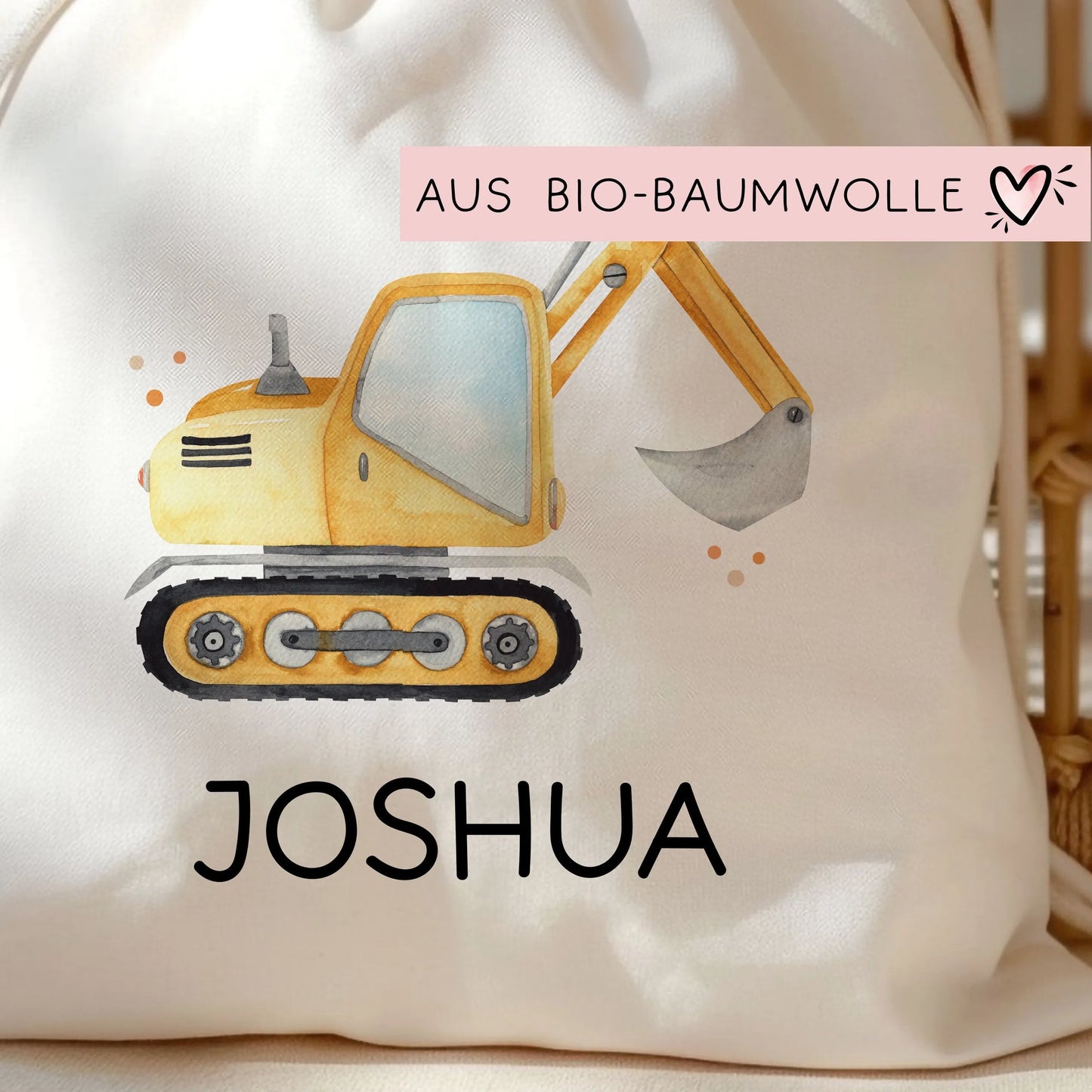 Stofftasche Bagger Baustelle Personalisiert mit Namen. Für Schule und Kindergarten als Wäschebeutel Wechselwäsche für Mädchen & Junge kleinebuchstaben