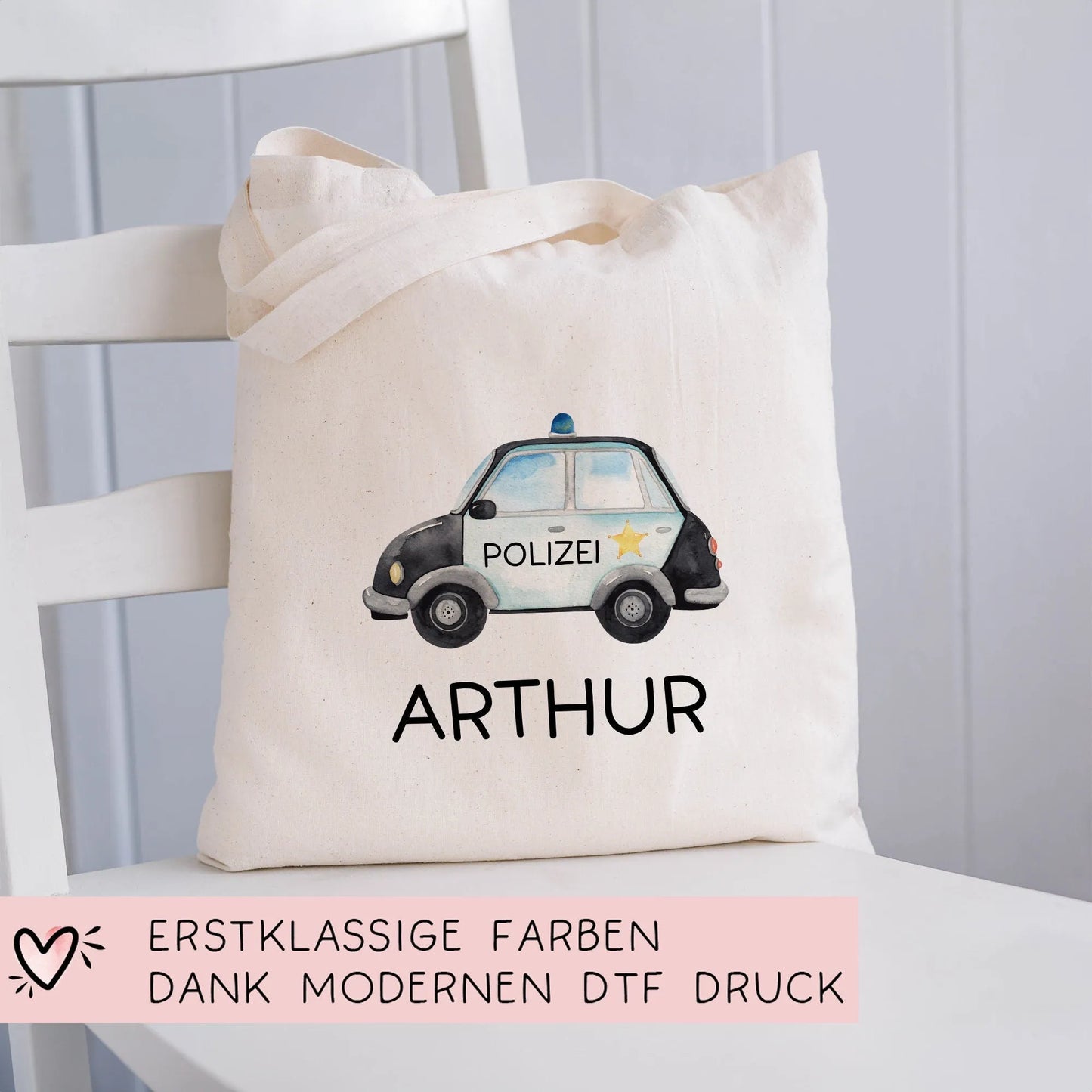 Polizeiauto Streifenwagen Stofftasche Personalisiert mit Namen. Polizeifahrzeug für Schule | Wäschebeutel Wechselwäsche | Mädchen & Junge kleinebuchstaben