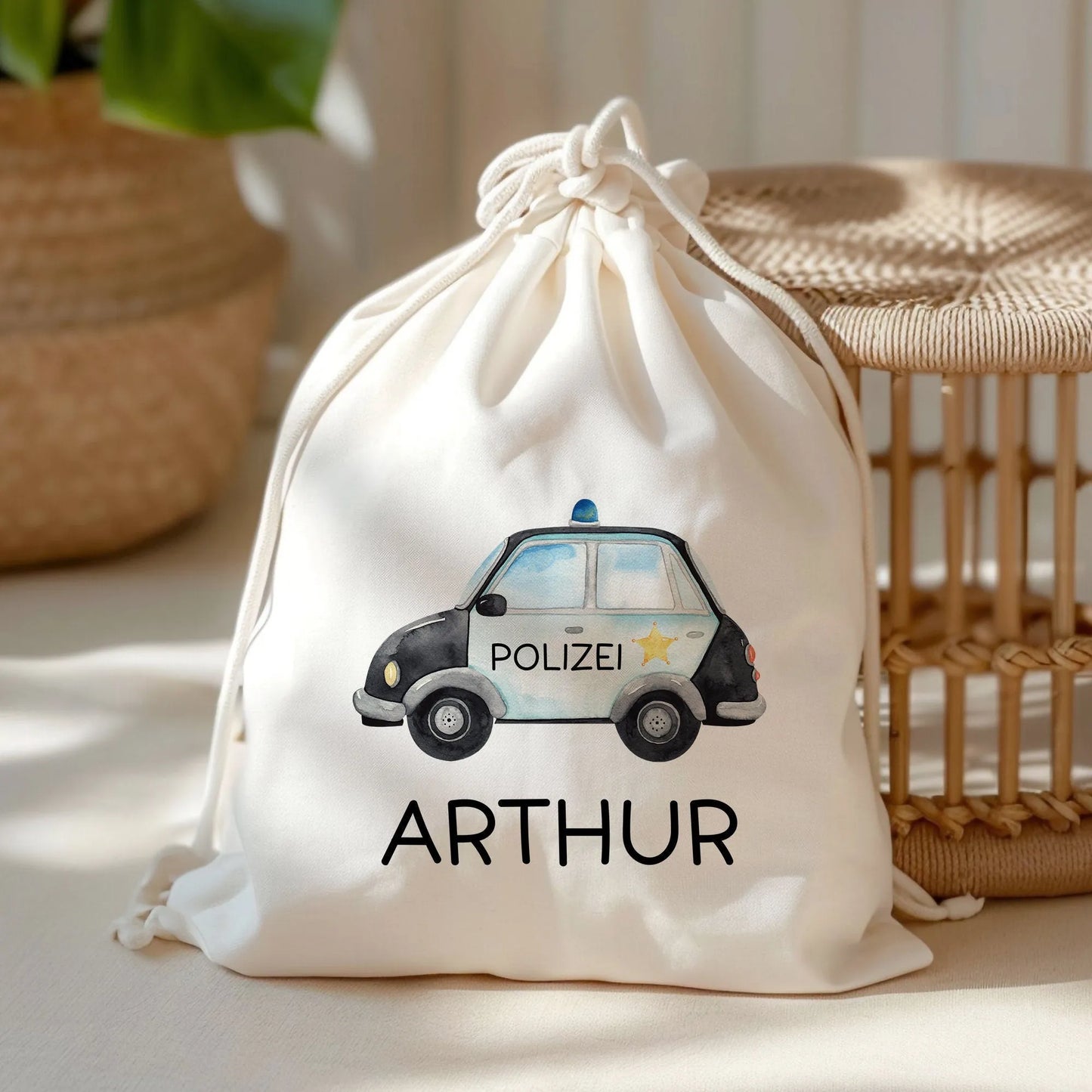 Polizeiauto Streifenwagen Stofftasche Personalisiert mit Namen. Polizeifahrzeug für Schule | Wäschebeutel Wechselwäsche | Mädchen & Junge kleinebuchstaben Polizeiwagen Turnbeutel