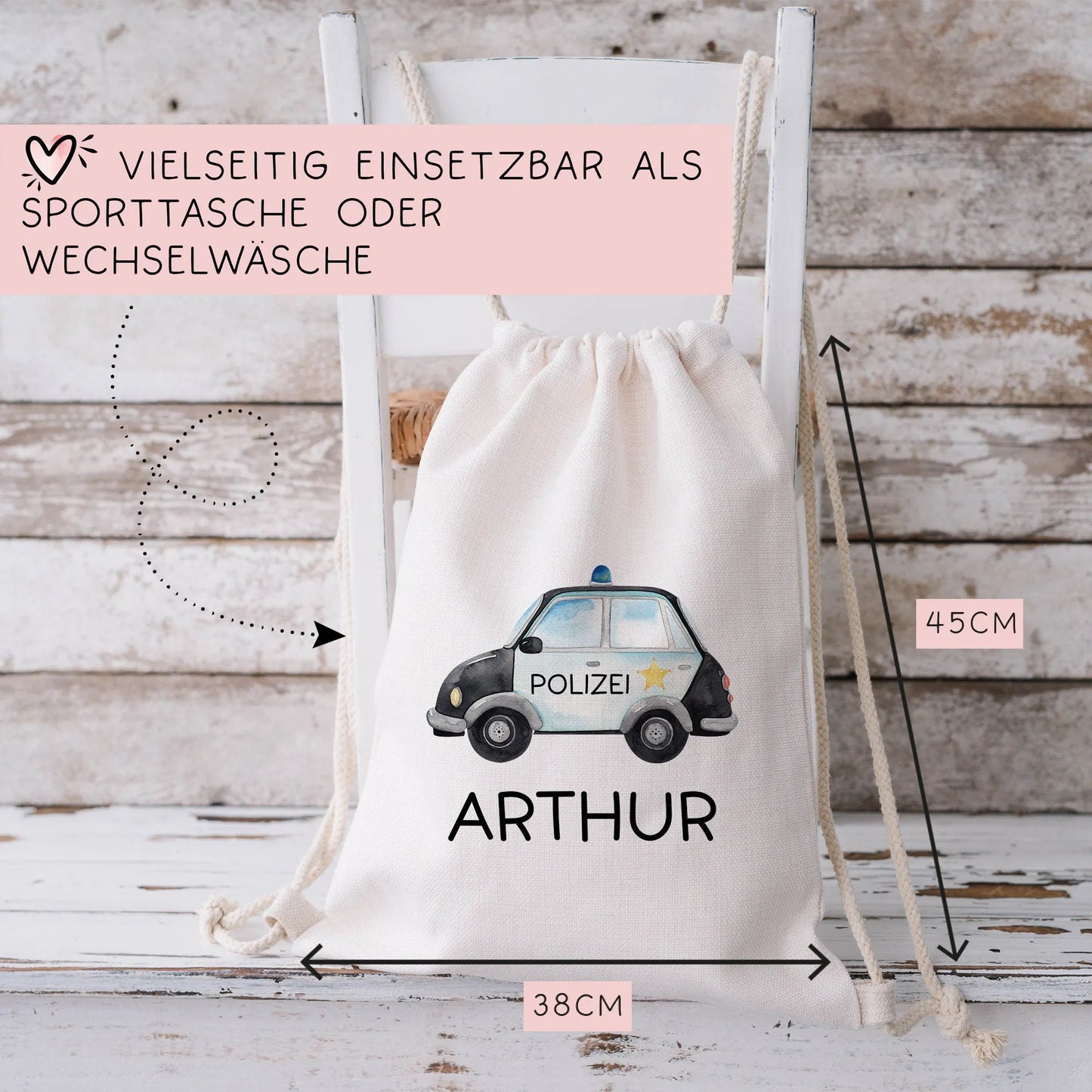 Polizeiauto Streifenwagen Stofftasche Personalisiert mit Namen. Polizeifahrzeug für Schule | Wäschebeutel Wechselwäsche | Mädchen & Junge kleinebuchstaben