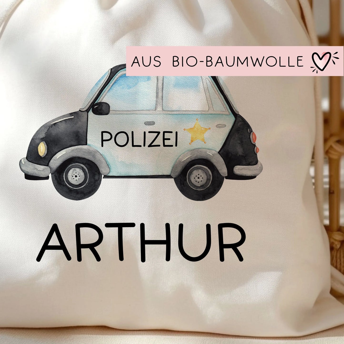 Polizeiauto Streifenwagen Stofftasche Personalisiert mit Namen. Polizeifahrzeug für Schule | Wäschebeutel Wechselwäsche | Mädchen & Junge kleinebuchstaben