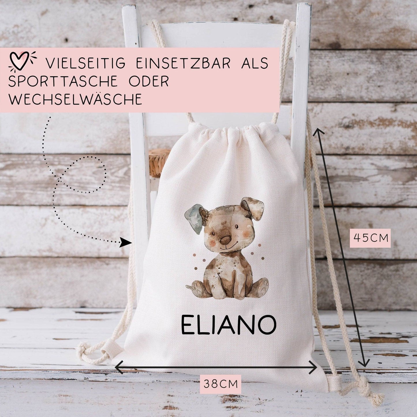 Personalisierter Turnbeutel mit einem Hund | mit Wunschnamen | Tierkinder | Rucksack für Schule, Kindergarten, KITA und KIGA Wäschebeutel kleinebuchstaben
