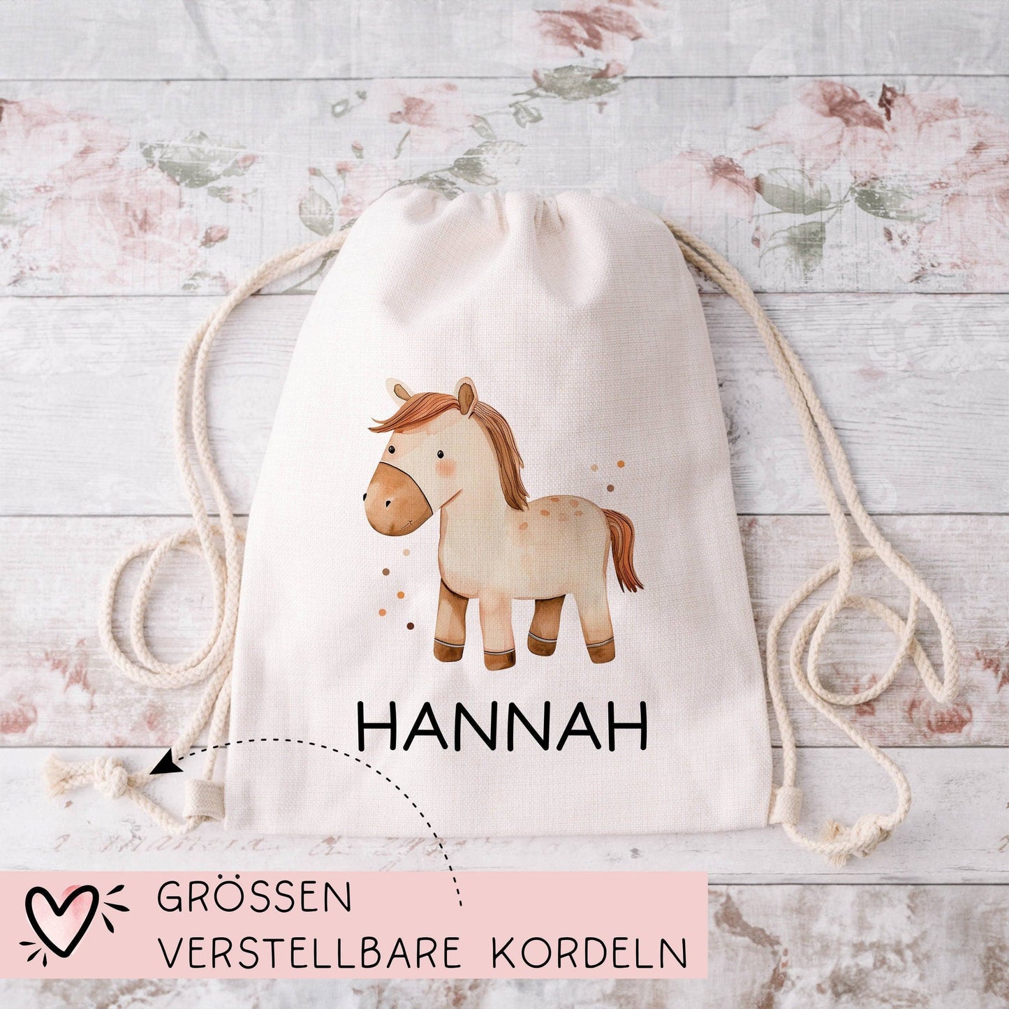 Personalisierter Turnbeutel Pferd mit Wunschnamen | Rucksack für Schule, Kindergarten, KITA , KIGA Wäschebeutel, Sportbeutel l Tierkinder kleinebuchstaben