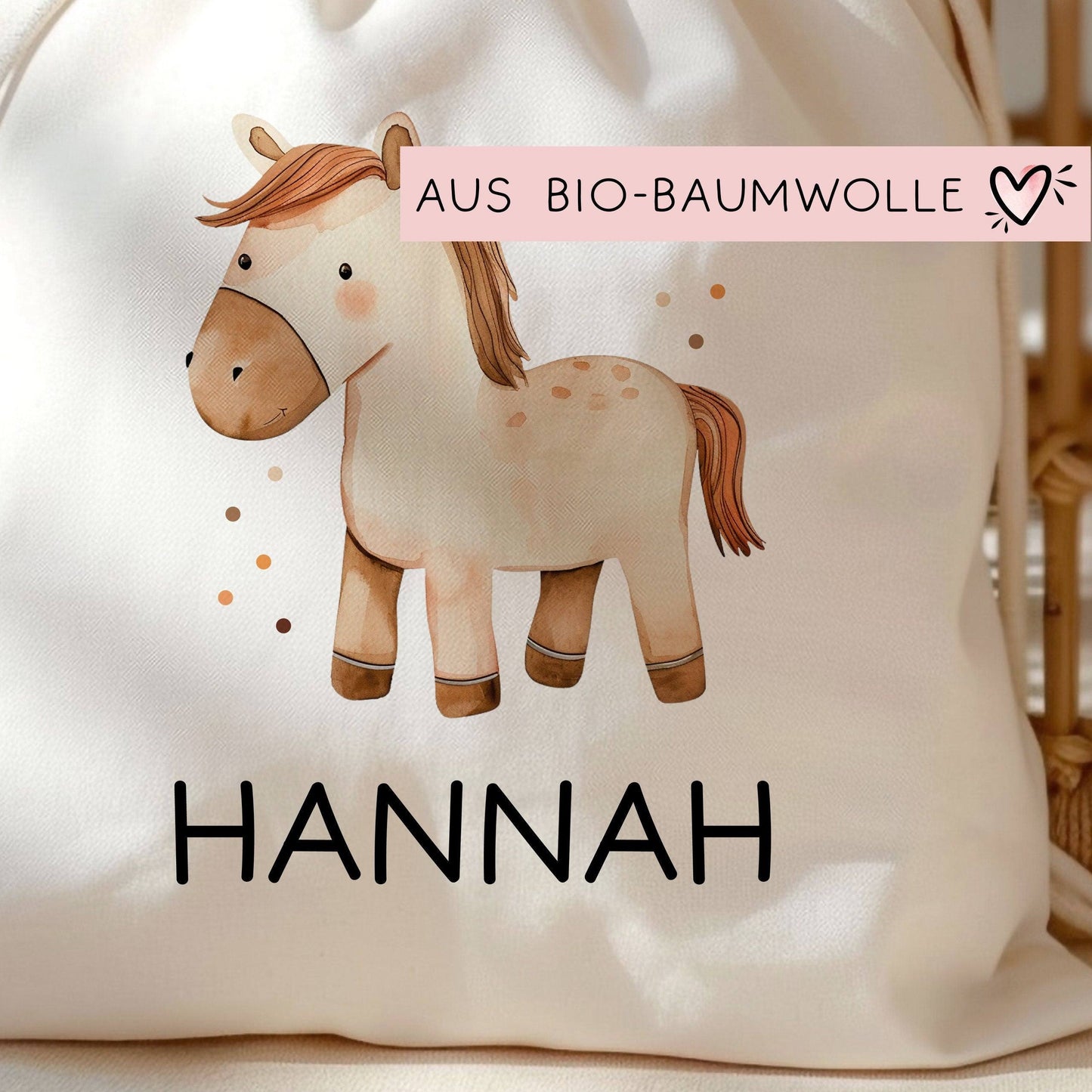 Personalisierter Turnbeutel Pferd mit Wunschnamen | Rucksack für Schule, Kindergarten, KITA , KIGA Wäschebeutel, Sportbeutel l Tierkinder kleinebuchstaben
