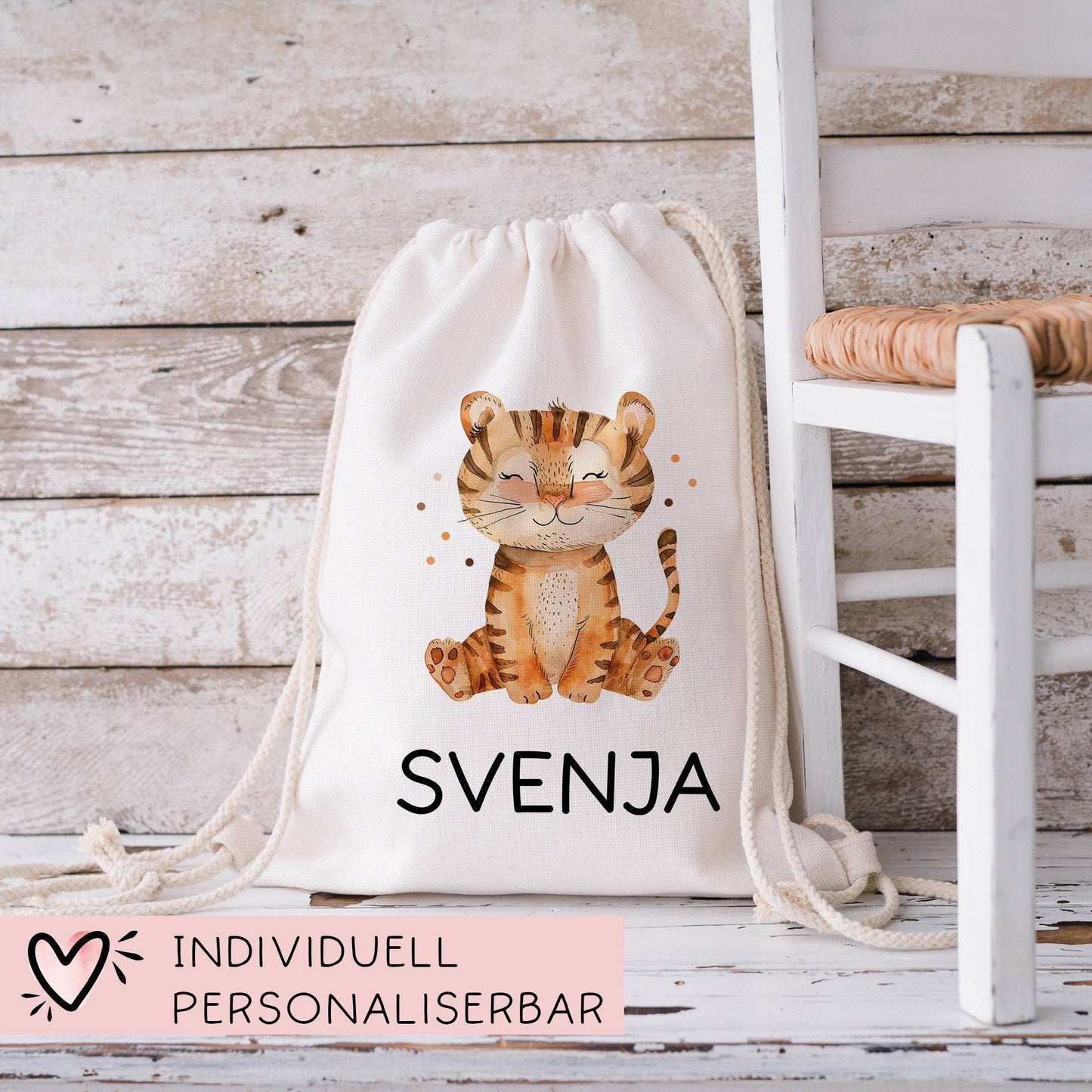 Personalisierter Turnbeutel Tiger Wunschnamen | Rucksack für Schule, Kindergarten, KITA , KIGA | als Wäschebeutel, Sportbeutel l Tierkinder kleinebuchstaben