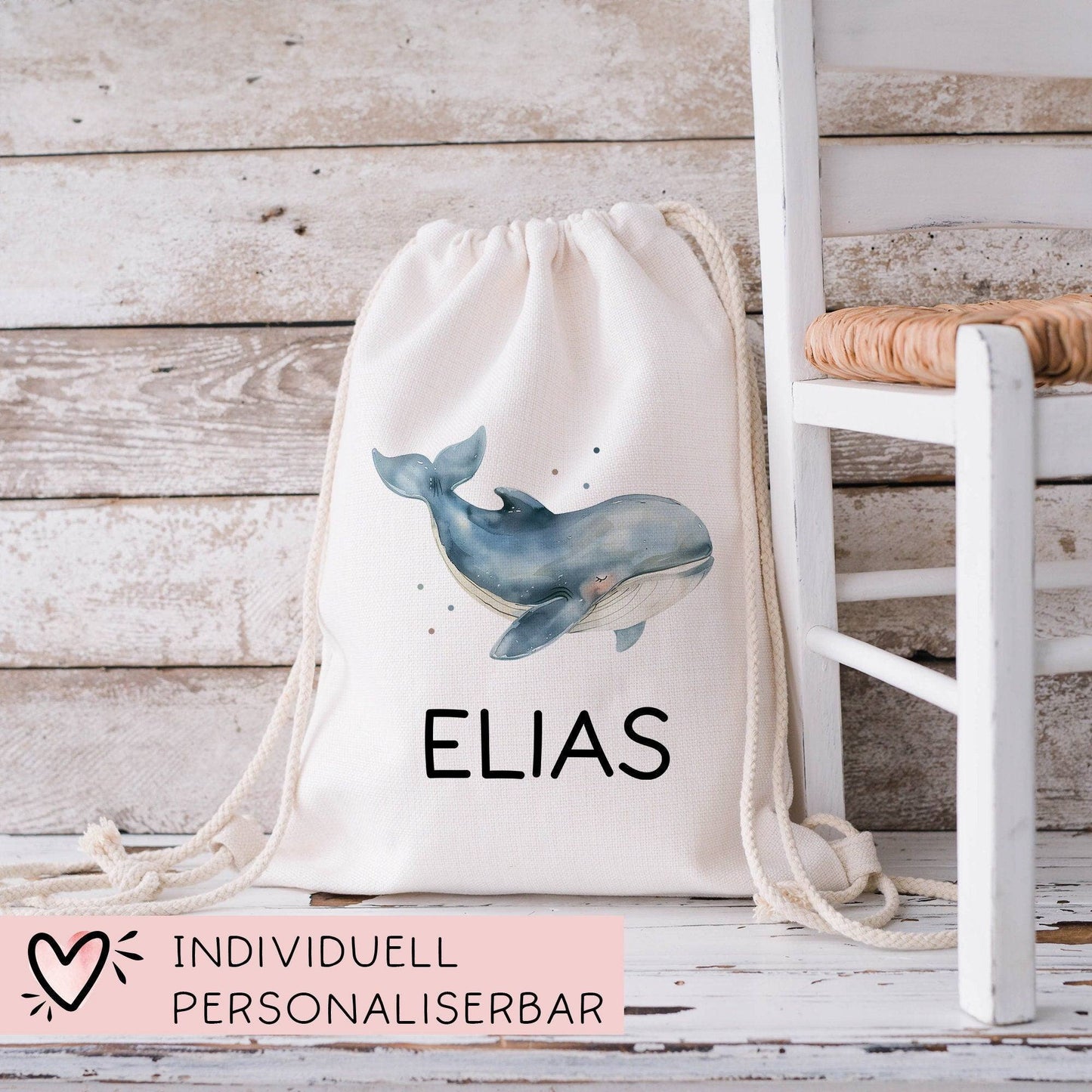 Personalisierter Turnbeutel Wal Wunschnamen | Rucksack für Schule, Kindergarten, KITA , KIGA | als Wäschebeutel, Sportbeutel l Tierkinder kleinebuchstaben